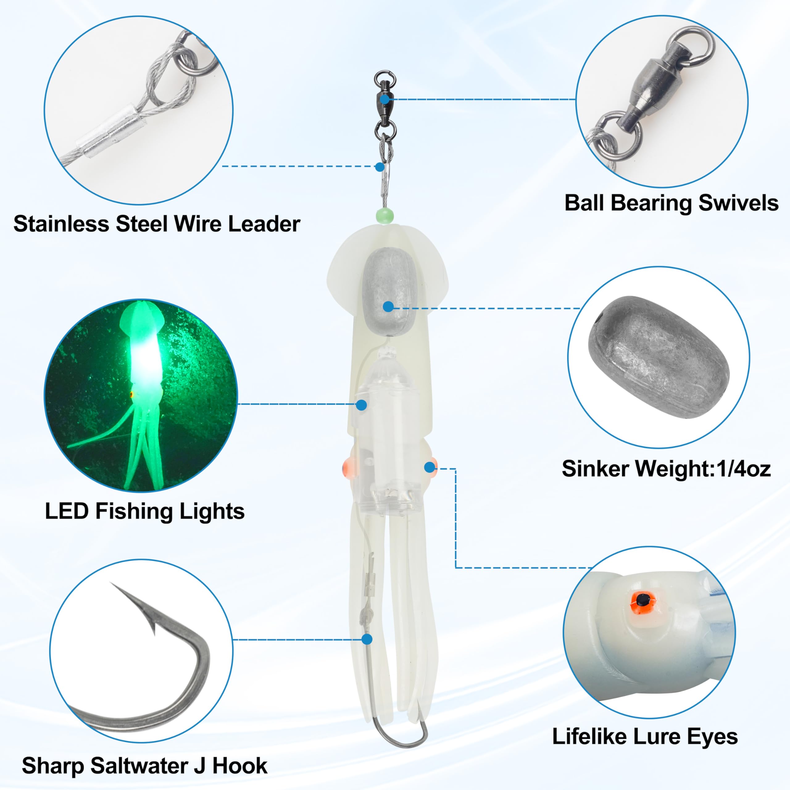 Señuelos de pesca de calamar de agua salada de 9 pulgadas, señuelos iluminados con LED, señuelo de calamar brillante mejorado, cebo de pesca de agua salada, señuelos LED de pesca de mar profundo con
