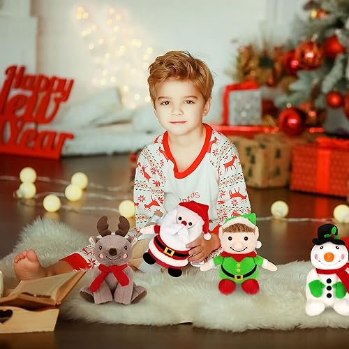 Miniatura 7 de Elcoho Juego de 4 animales de peluche de Navidad de 7 pulgadas, juguetes de peluche para decoración de Navidad, conjunto de muñecos de nieve, Papá