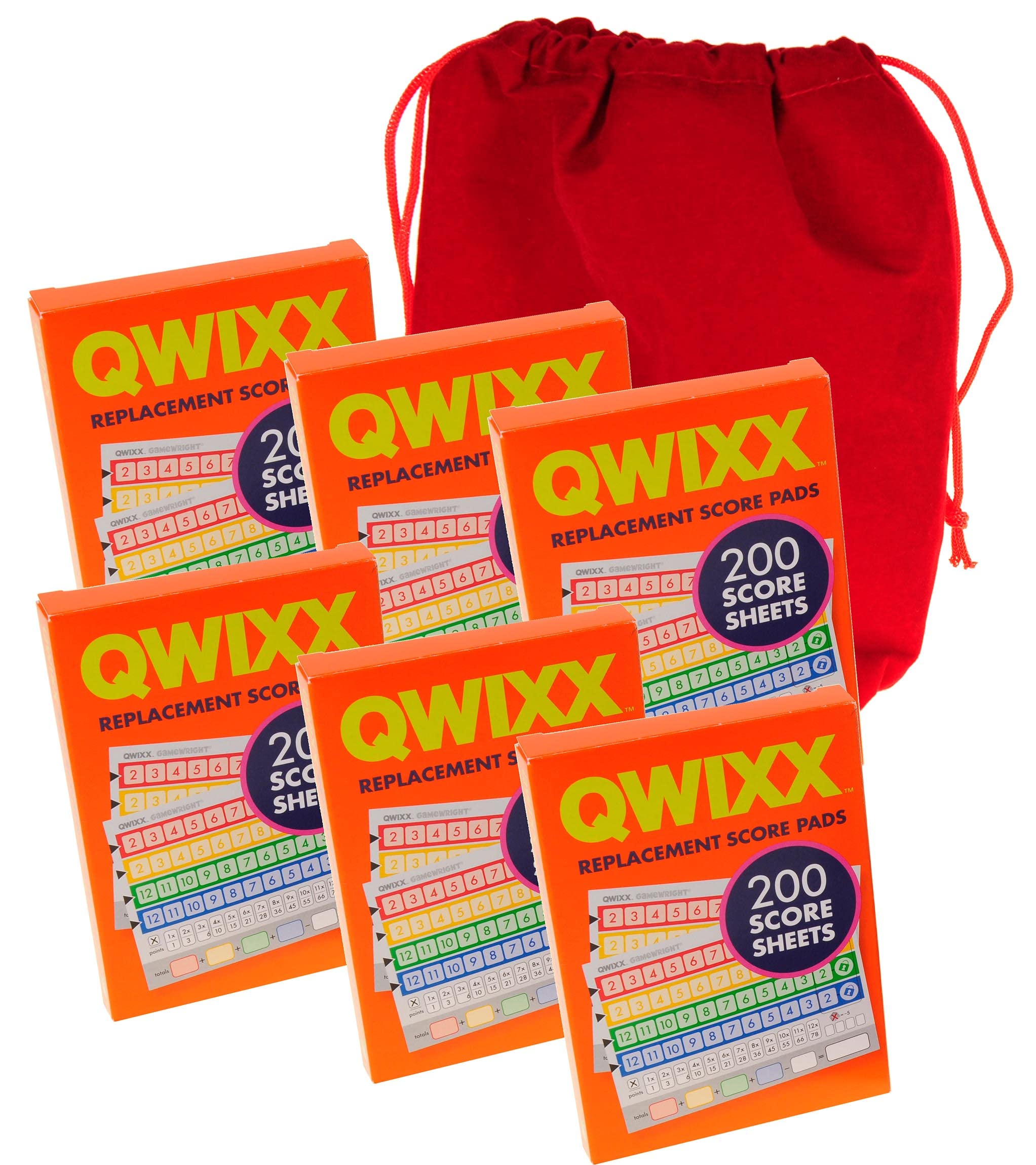 QWIXX Score Sheets, 6-Packs, 1,200 Score Sheets, with RED Velvet Drawstring Storage Pouch