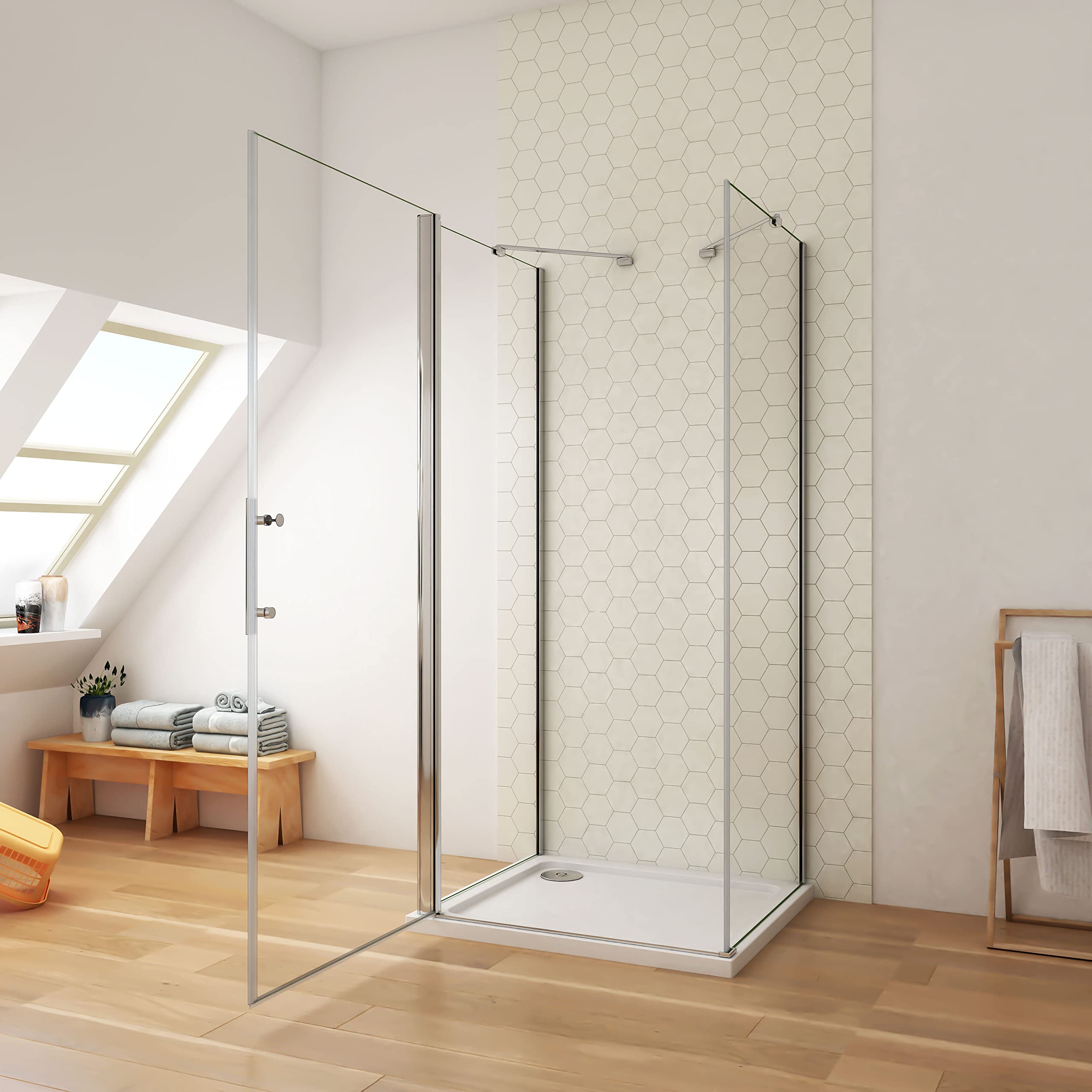 100x90x90x195cm Mampara de ducha angular abatible tres hojas, 6mm cristal templado antical, barra de sujeción incluido, marco de aluminio cromado