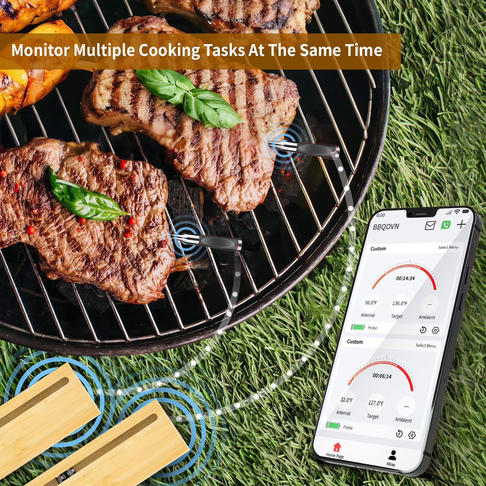 BBQOVN Termómetro inalámbrico para carne sin cable con mando a distancia, aplicación Bluetooth, termómetro para carne para control remoto de barbacoa, horno, Fuman