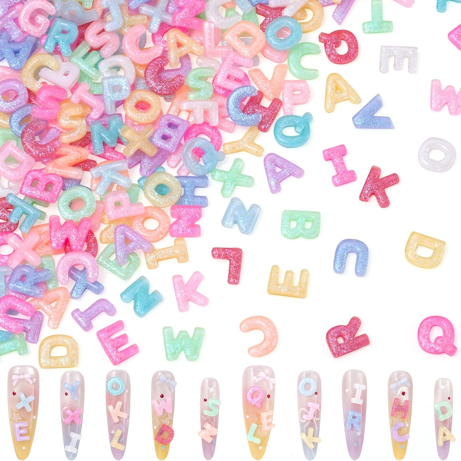 200pcs Letter Nail Art Charm, Colorful Resin Alphabet Nail Rhinestones Decoration with Glitte, Cute Flatback Initial Letter Capital Alphabet for Manicure, DIY, Decoration - Mixed Style