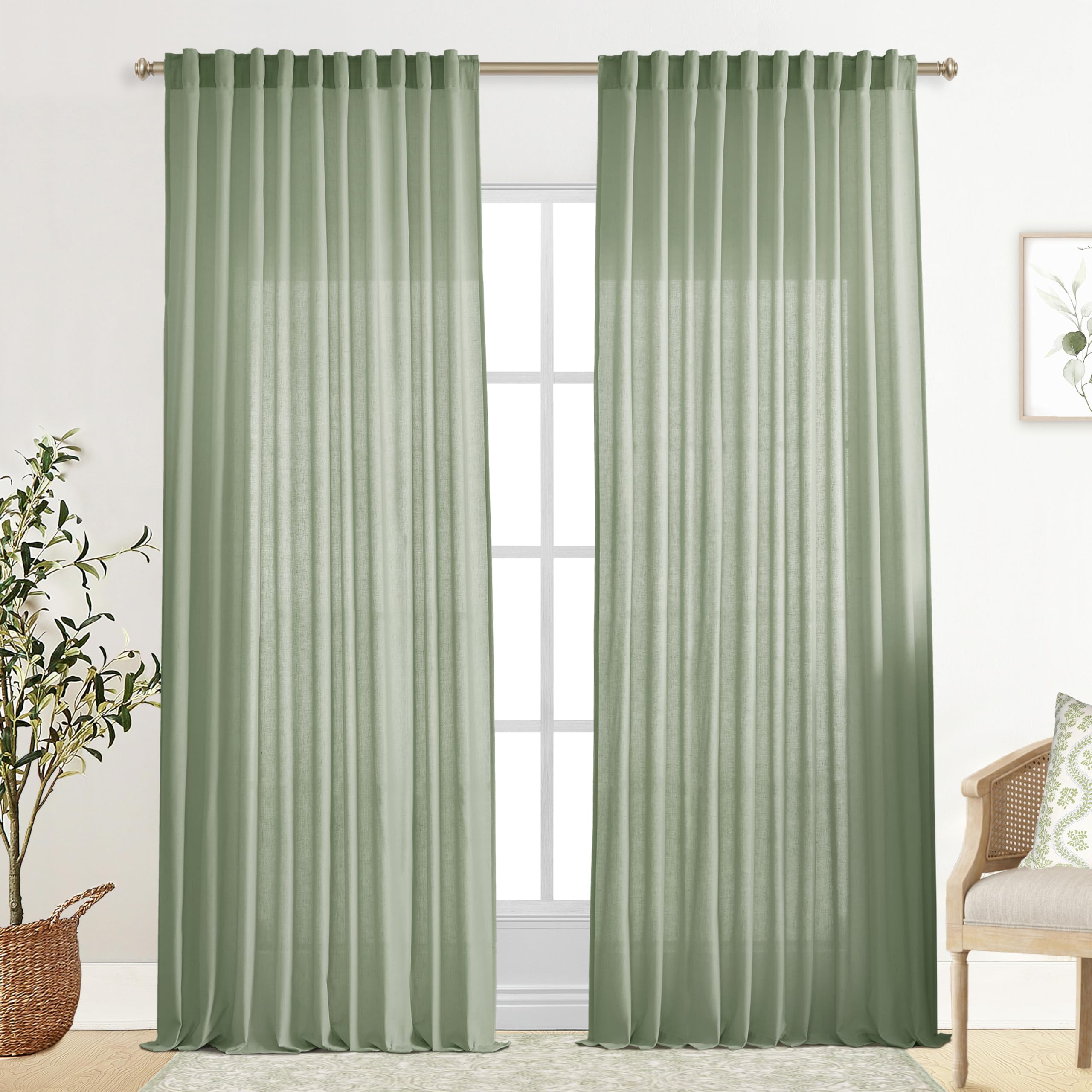 XTMYI 70 Inches Wide Sage Green 96 Inches Long Country Curtains for Living Room,Sheer Linen Curtains for Bedroom