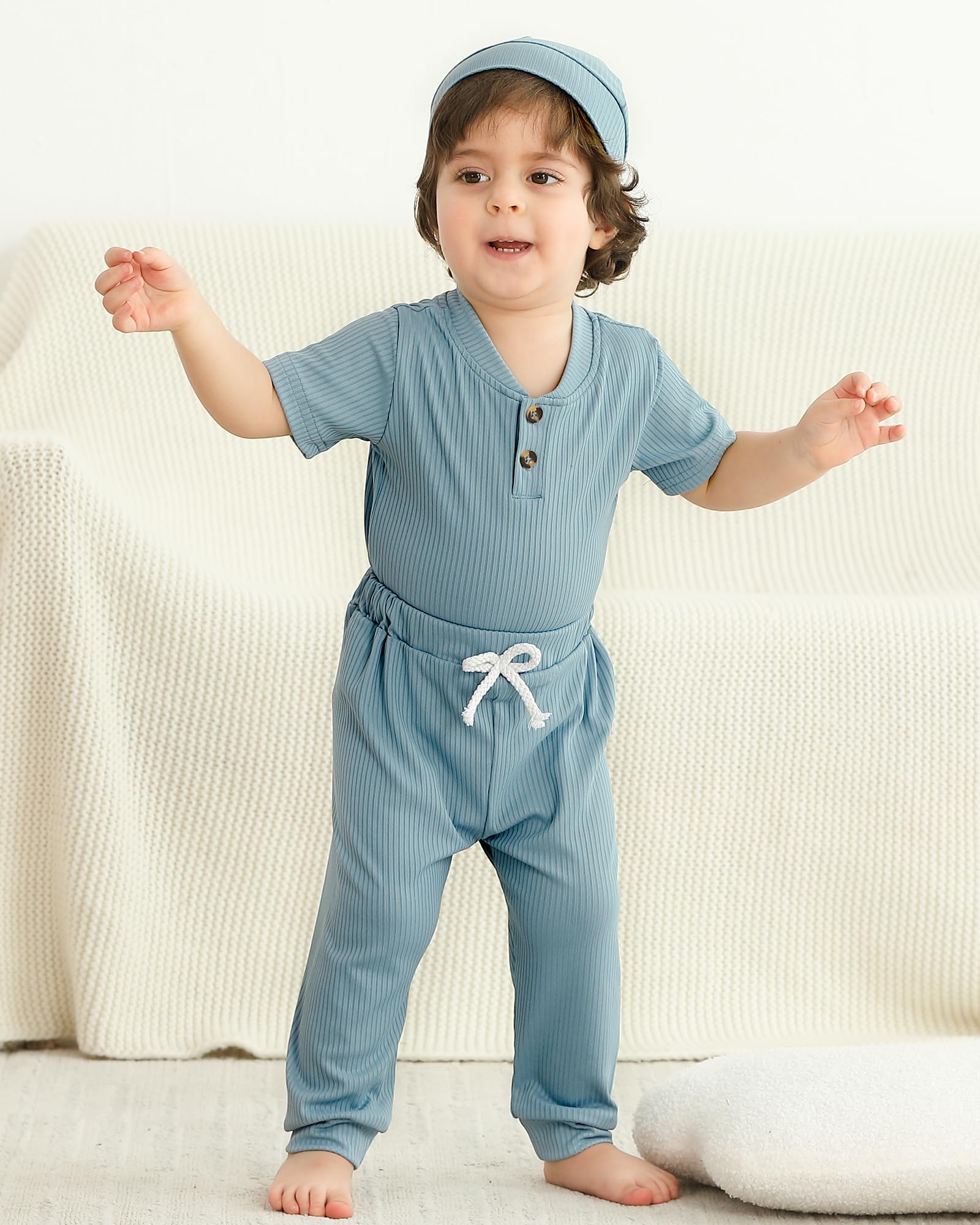 NZRVAWS Newborn Baby Boy Clothes 3-6 Months Ribbed Knitted Romper Cotton Long Pants Infant Outfits Hat Solid Clothing Set Blue
