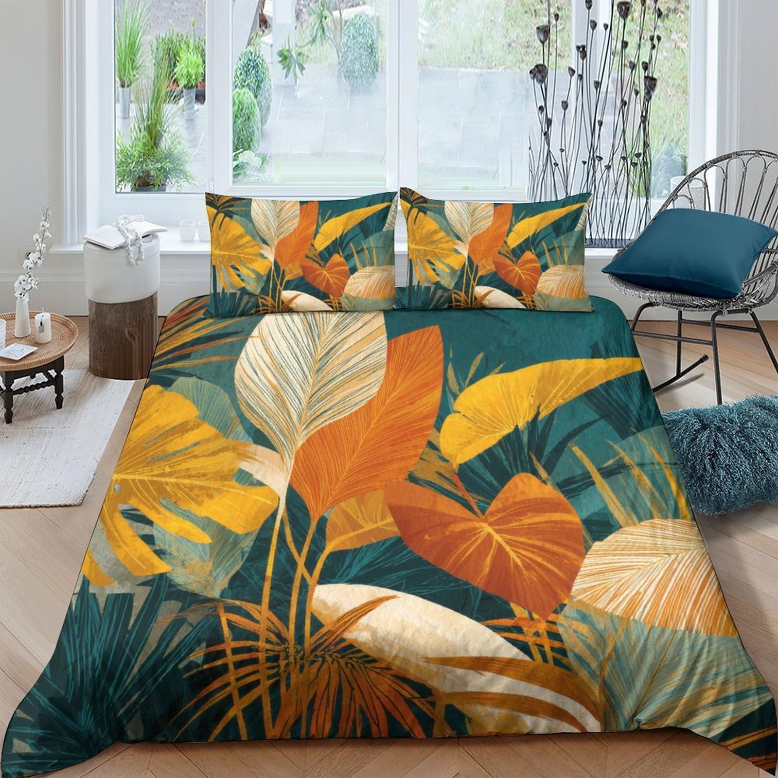 Ctjqhvkz Style-6 3D Printed Tropical Leaves Fitted Sheet Microfiber Soft Orange Green Jungle Bed Cover For Bedroom Dorm Mattress Decor Single（135X200cm）