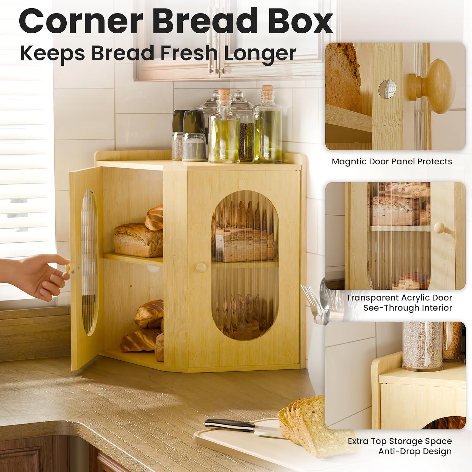 Corner Bread Box for Kitchen Countertop,2-Tier Extra Large Adjustable Bread Storage Container for Homemade Bread,Bamboo Bread Holder for Kitchen Counter,Cabinet,Pantry Shelf (Natural)