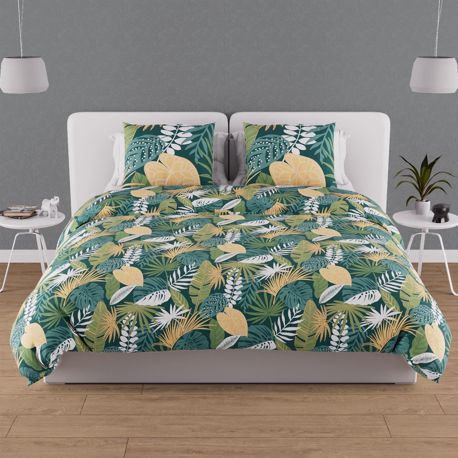 Housse de couette coton 57 fils tanzanie vert pour lit king size moderne