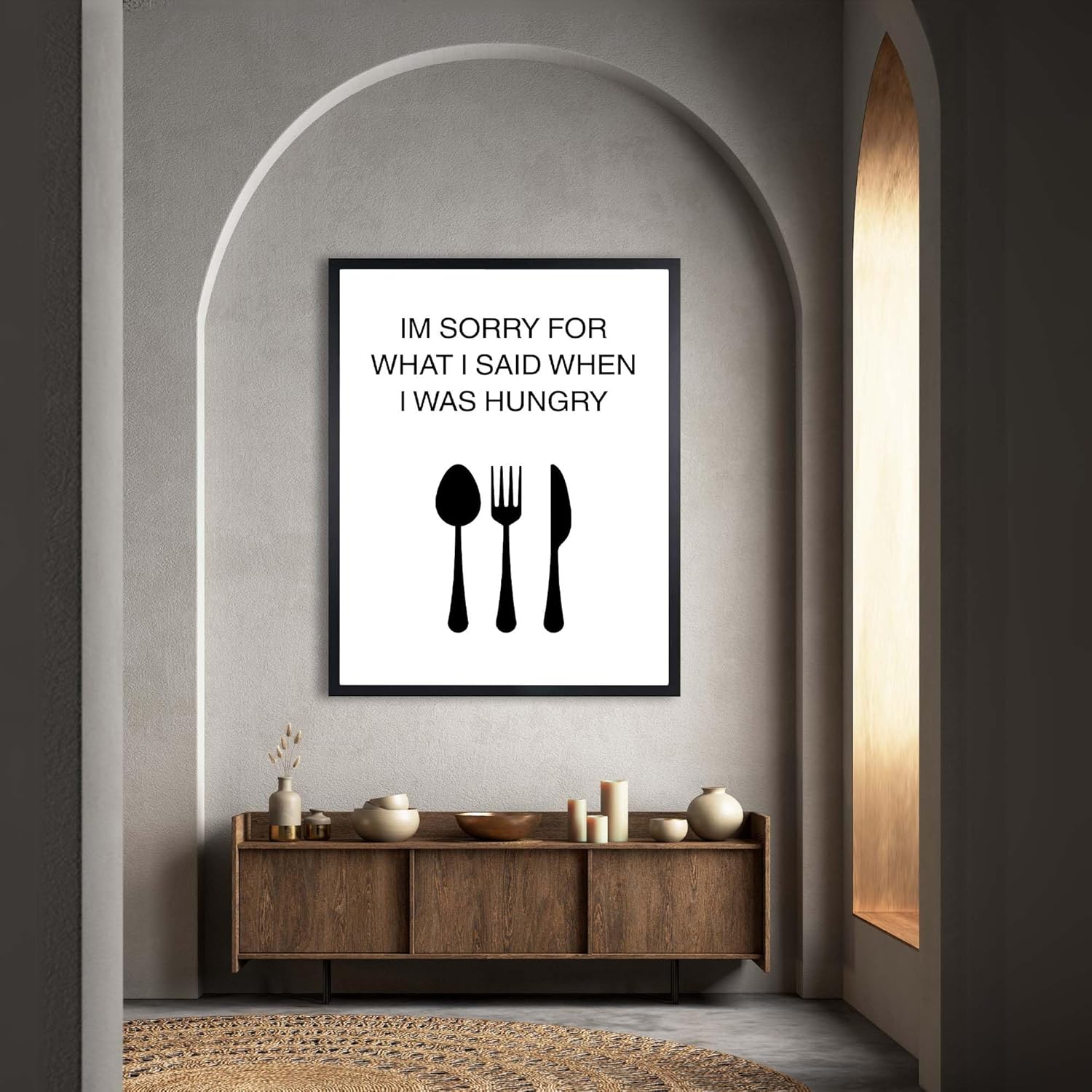 InkFlow Posters Hungry Humor Quote Poster - Simple Kitchen Utensil Illustration - Playful Food Mood Design - Home Wall Decor Accent - Minimal Funny Art - 18x24 Unframed Canvas Print