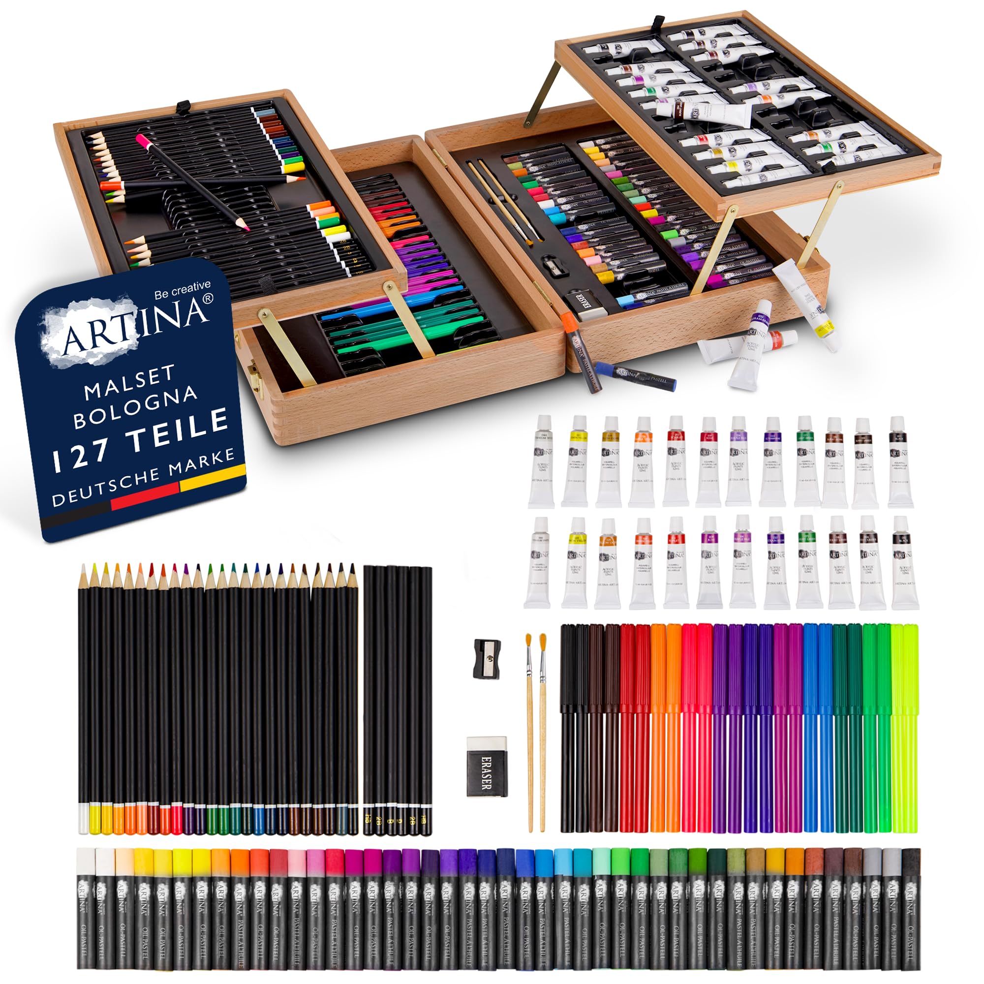 Artina 127tlg Malset Bologna XXL Künstler Set mit FSC Holz Malkoffer – Acrylfarben, Aquarellfarben, Buntstifte, Pastellstifte, Fineliner, Bleistifte - Großes Zeichenset mit Aufbewahrung für Anfänger