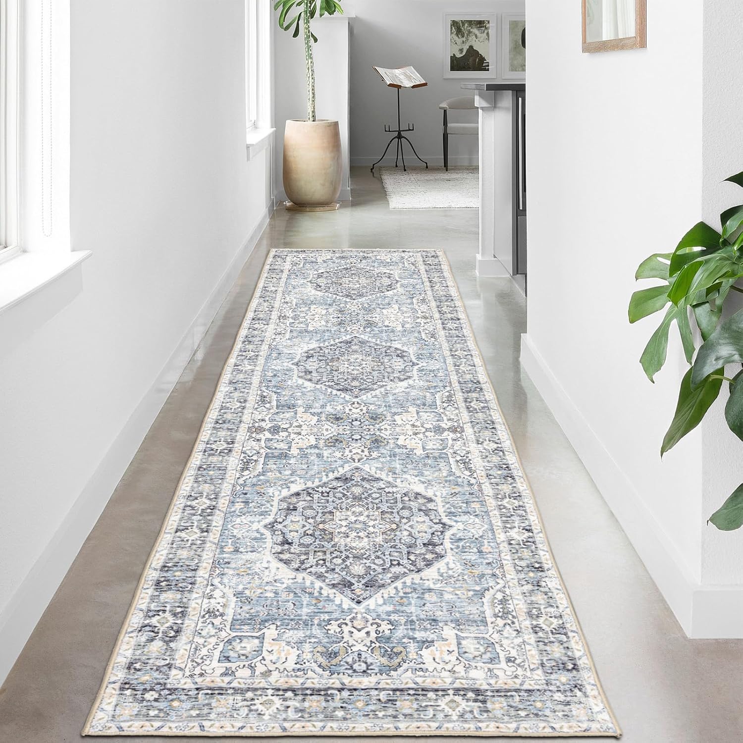 Runner Rug 2×6, Vintage Boho Rug,Ultra-Soft Low Pile, Washable, Non Slip,Stain Resistant Printed Carpet for Hallway Kitchen Living Room Bedrooms Playroom Office, Light Blue Light Blue 2' x 6' (Rectangular)