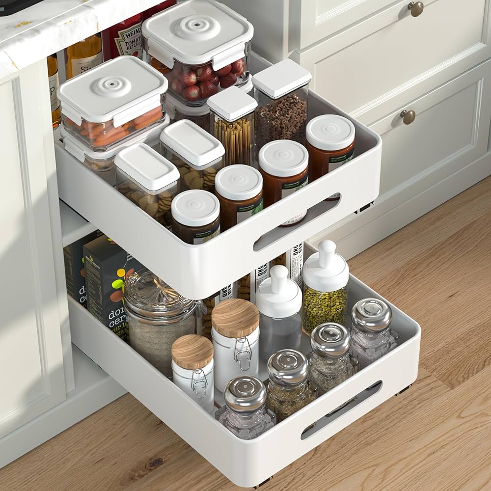2 PACK Pull Out Cabinet Organizer|Metal Heavy Duty Slide Out Drawers Fixed with Nano Adhesive Film|Multifunctional Drawer Organizers For Kitchen/Pantry/Bathroom/Bedroom. (White-2PACK)
