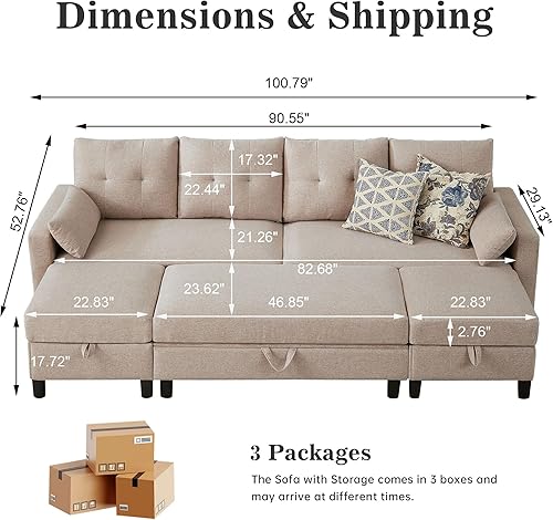 Miniatura 2 de Sofá modular convertible de 101 pulgadas, sofá moderno de tela de lino en forma de U con tumbonas reversibles y mesa auxiliar otomana, sofá de 4