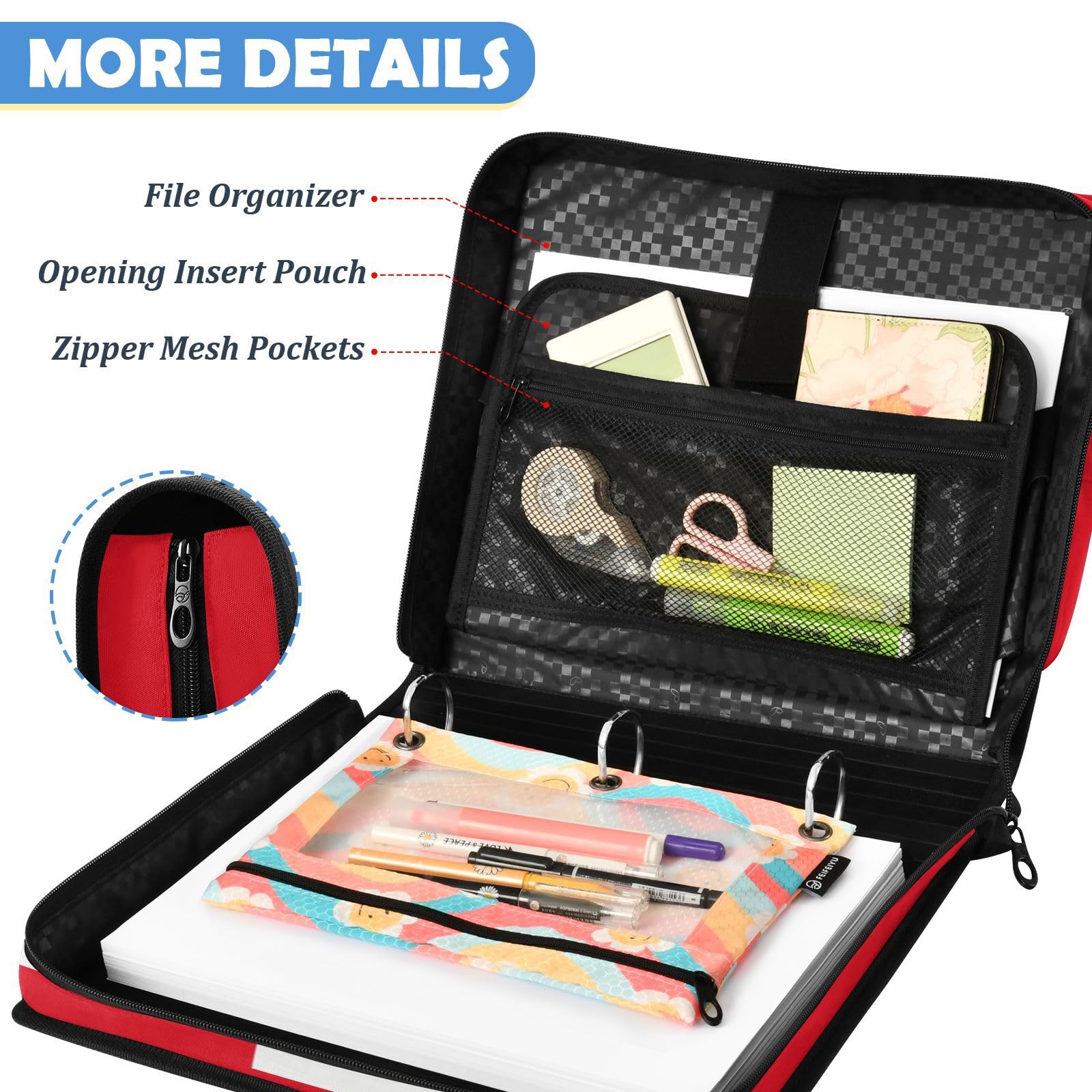 Bolsa de carpeta de 3 anillos con cremallera resistente al agua, organizador de portafolios impreso completo con anillos de 2 pulgadas, se adapta a laptop de 14 pulgadas para escuela, oficina, bandera