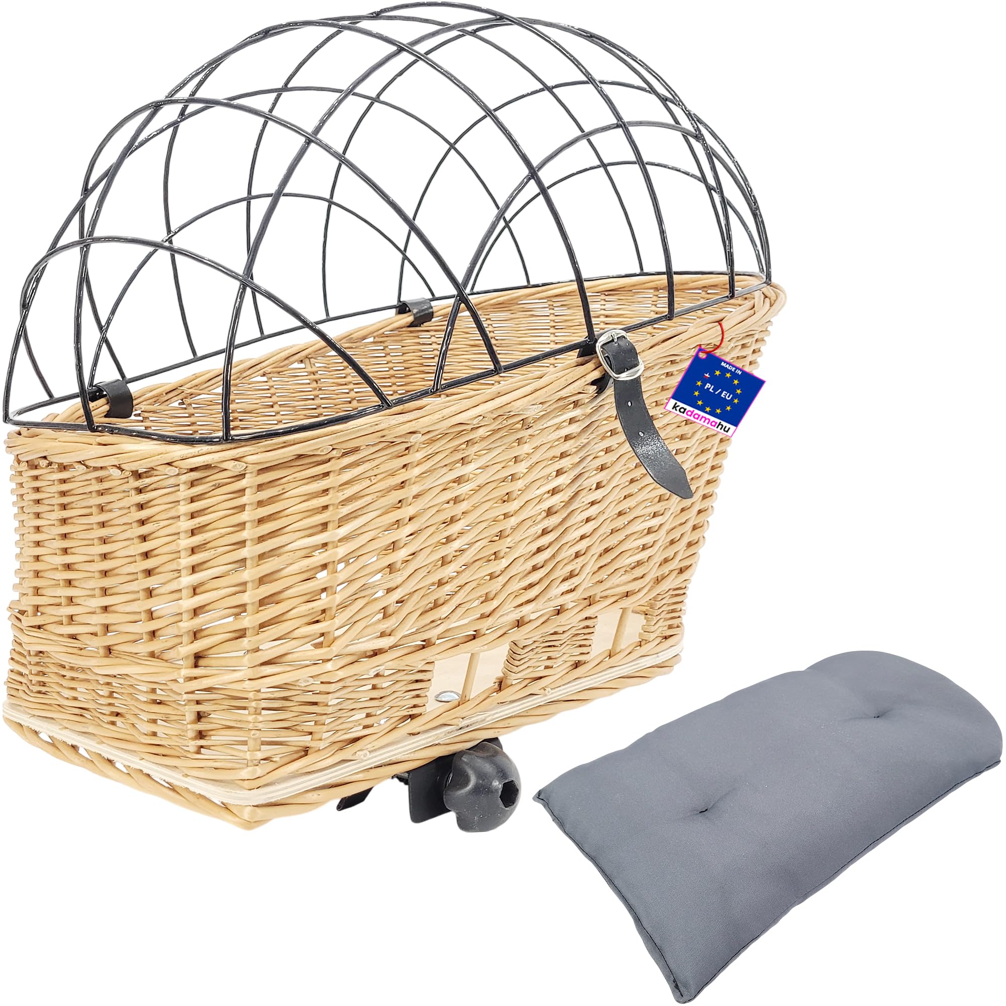 Panier de vélo en Osier pour Chiens et Chats jusqu'à 8 kg 47x44x24 cm – Panier tressé à la Main pour Porte-Bagages avec Grille métallique, Coussin Doux, Brun
