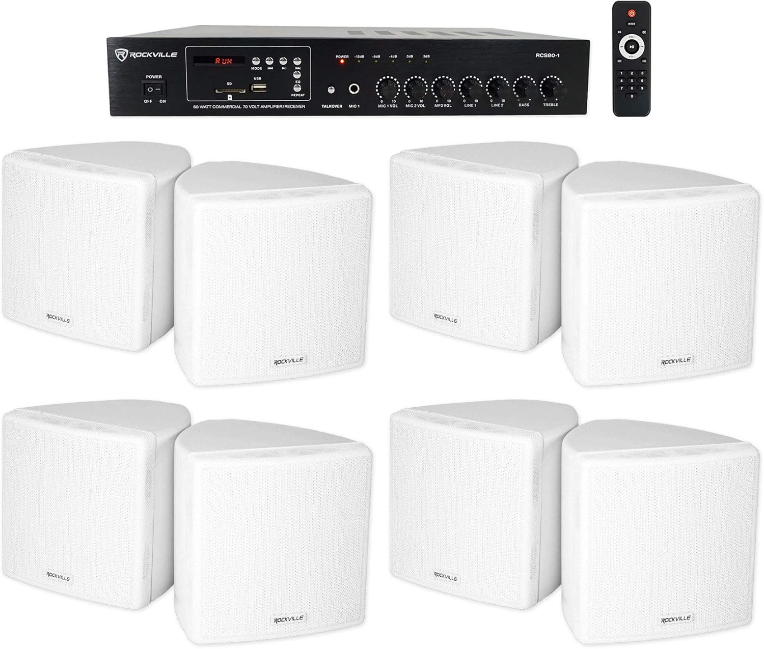 Rockville RCS80-1 Bundle: 60W 70V Commercial Amplifier with Bluetooth, (4) Pairs of Cube 3.5" White Commercial Speakers with Swivel Mount Brackets, for Restaurants & Retail, 5-Items
