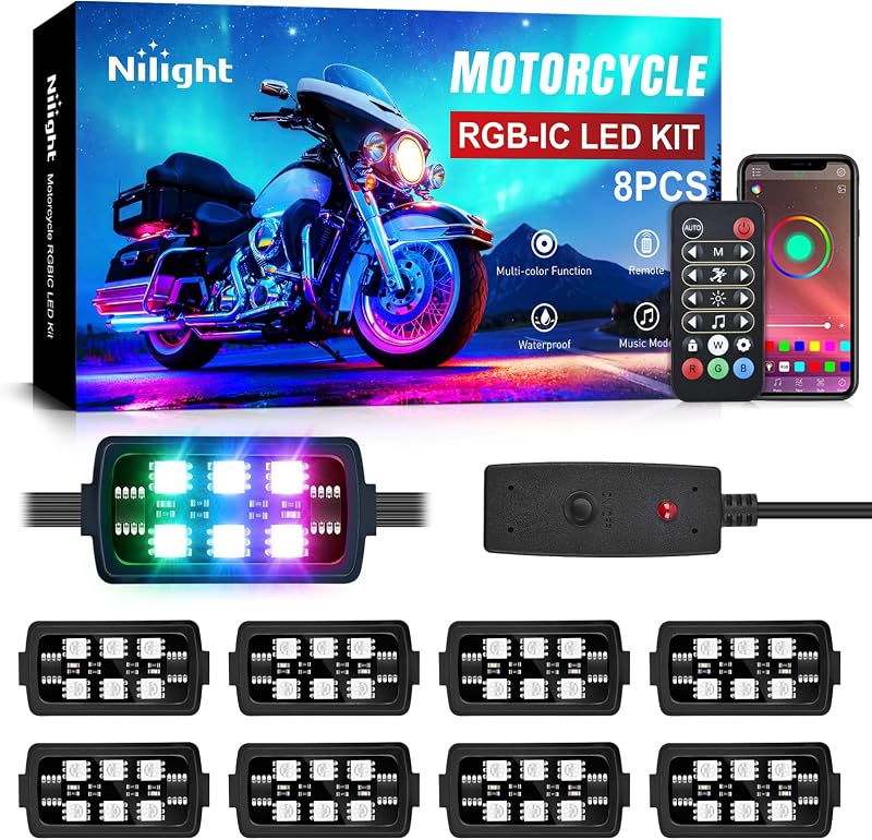 Kits de luces LED de color de ensueño para motocicleta de 8 piezas con aplicación y control remoto | Atmósfera multicolor, luces decorativas de neón, lámpara, tiras impermeables para debajo del cuerpo para Harley Davidson, Honda, Kawasaki, Suzuki