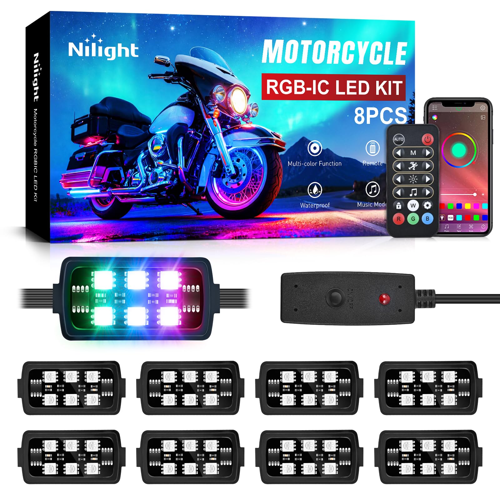 Nilight 8PCS Motorcycle Dream Color LED Light Kits with APP&amp;Remote Control