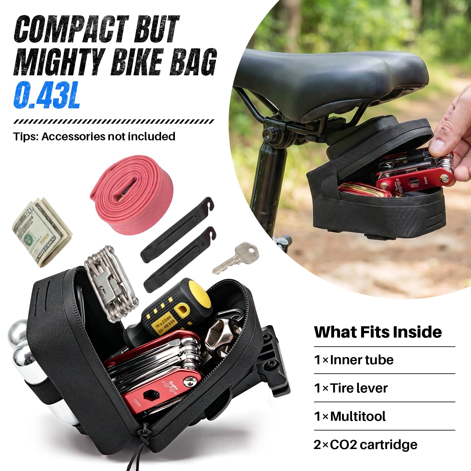 WOTOW Sacoche de Selle de vélo - Sac de Selle étanche de 0,64 L avec Fermeture éclair, Attache à Boucle magnétique à dégagement Rapide et Supports de Montage pour vélo de Route et VTT