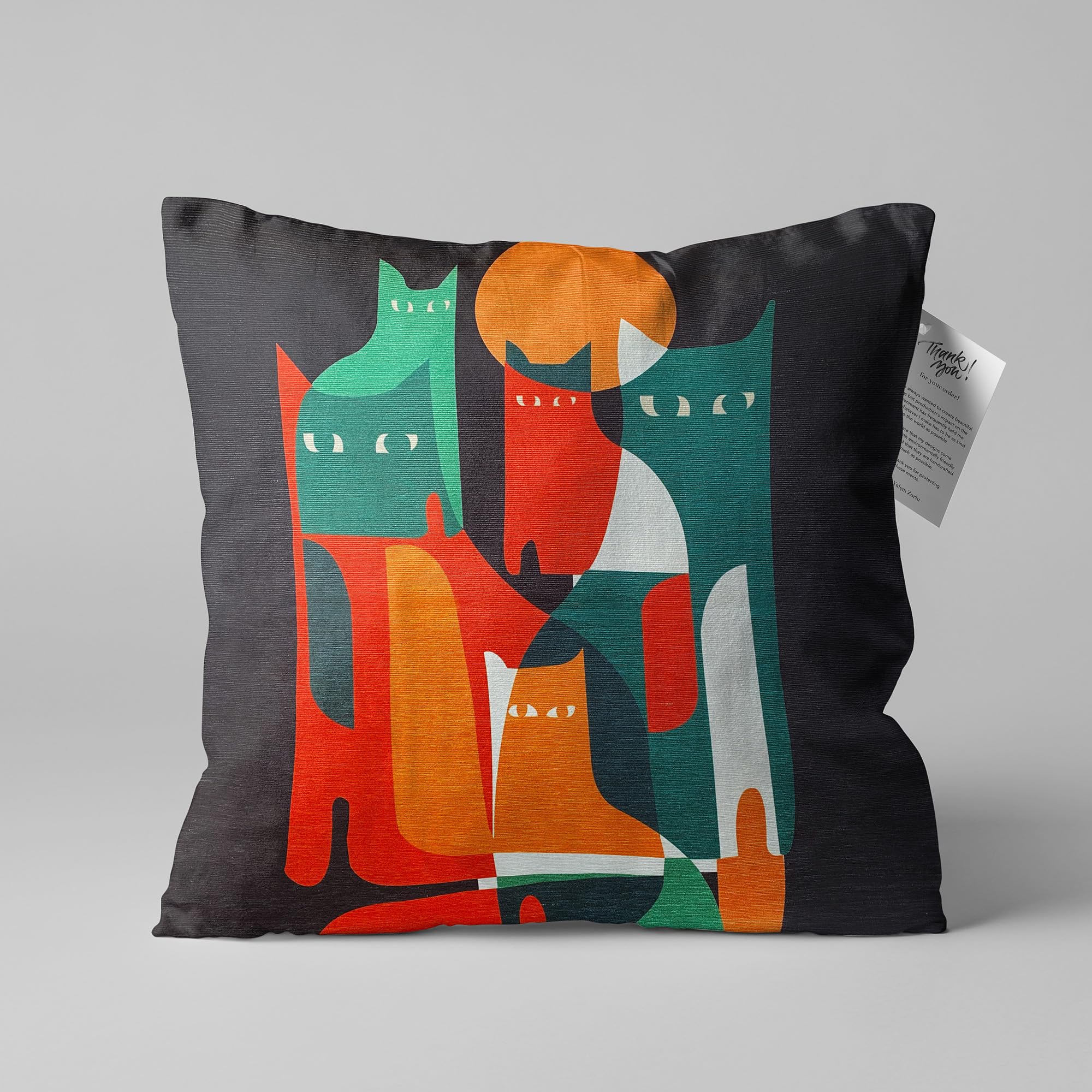 OyzShop Abstract Cats Cushion Cover | Multicoloured Design on Dark Background | Double Sided on the Soft Velvet Fabric with Multi Sizes, OEKO-TEX 45x45cm (18x18 Inches)