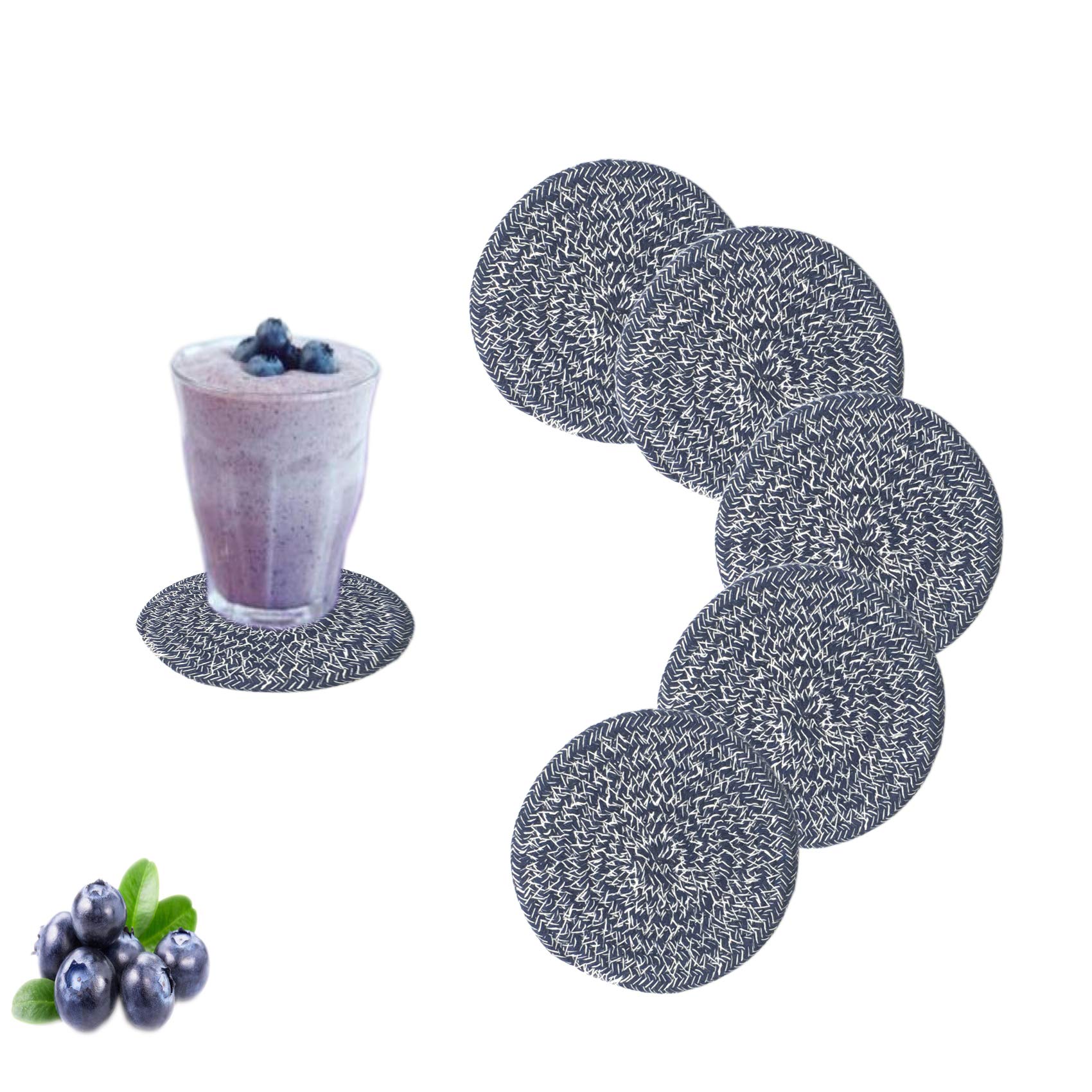 6 Pcs Coasters for Drinks Absorbent Cotton Braided Cloth Woven Navy Blue Pattern Kitchen Dining Modern Round