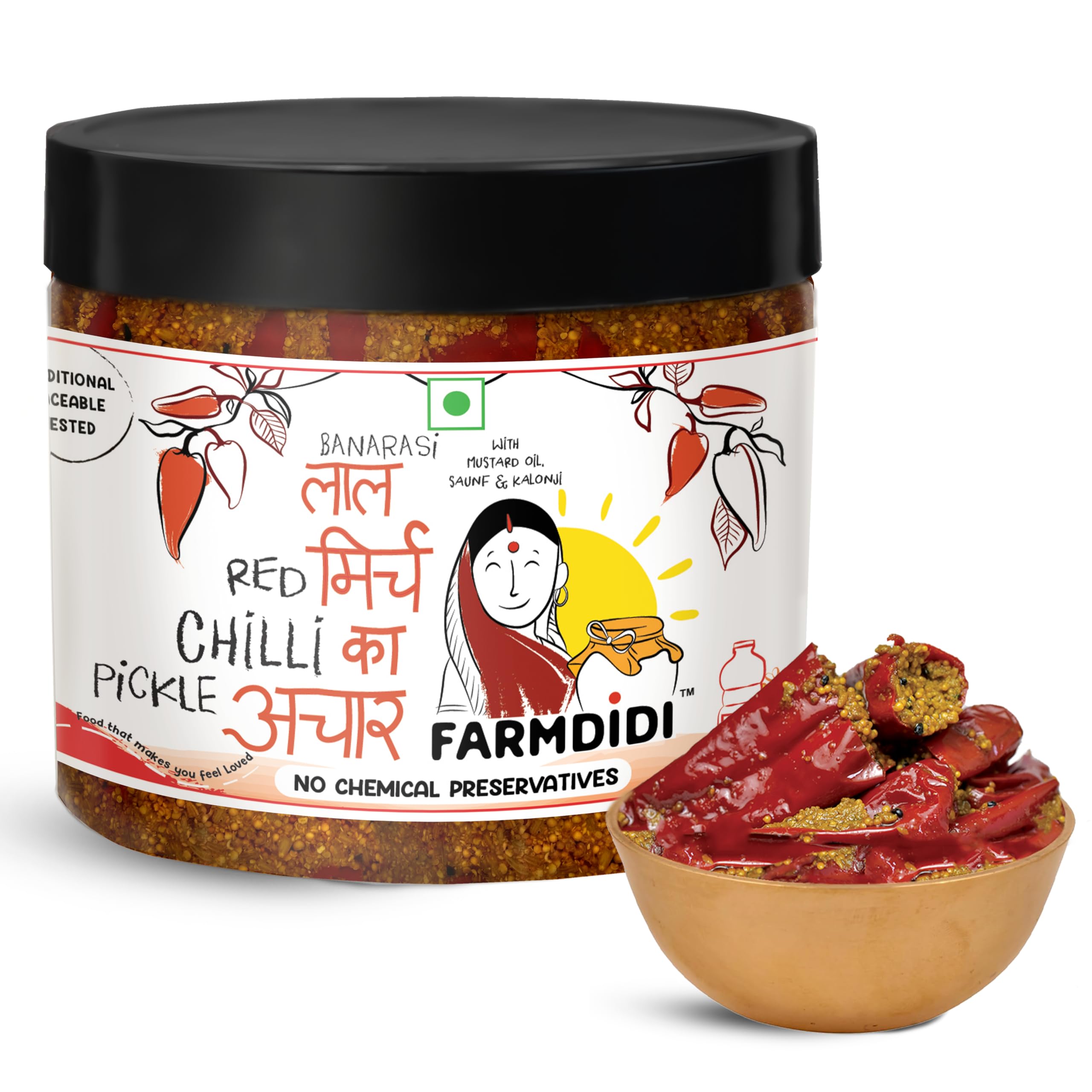 Farm Didi Stuffed Red Chilli Pickle In Fresh Mustard Oil | Lal Mirch Ka Achar 325G | Bharwa Mirchi Ka Achar | Banarasi Red Chilli Pickle | No Garlic Stuffed Red Chilli Pickles | Traditional Recipe