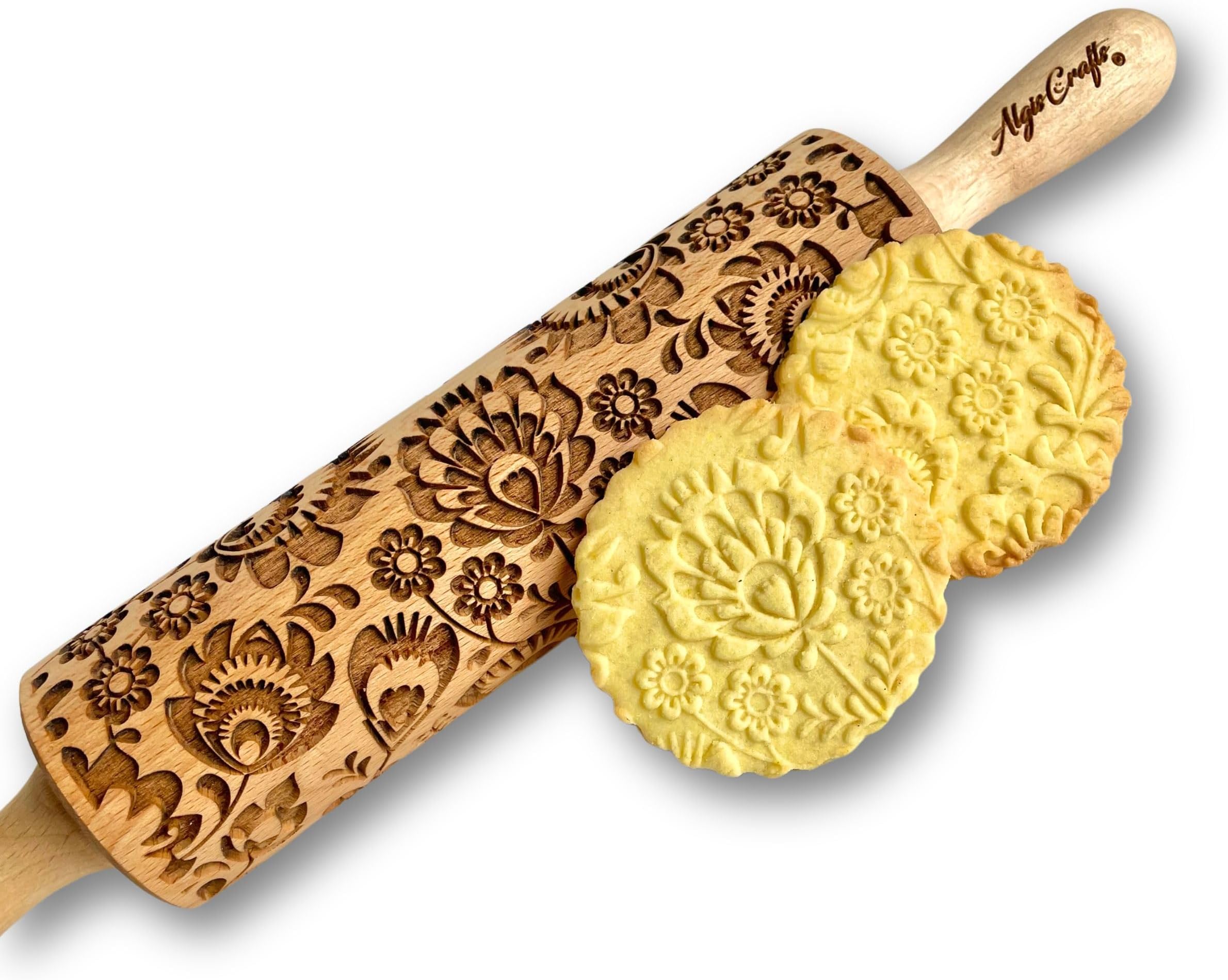 FOLK Embossed Rolling Pin. Wooden Embossing Rolling Pin With Folksy Flowers for Pottery and Cookies by Algis Crafts