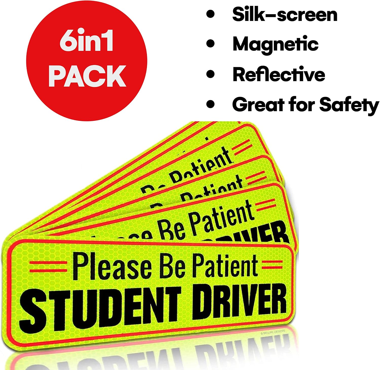 Signs Authority 6 Pcs Student Driver Car Magnet Reflective |10" New Driver Magnet for Car - Student Driver Magnet for Car - Student Driver Sticker | Magnetic Student Driver Signs for Car (Set of 6)