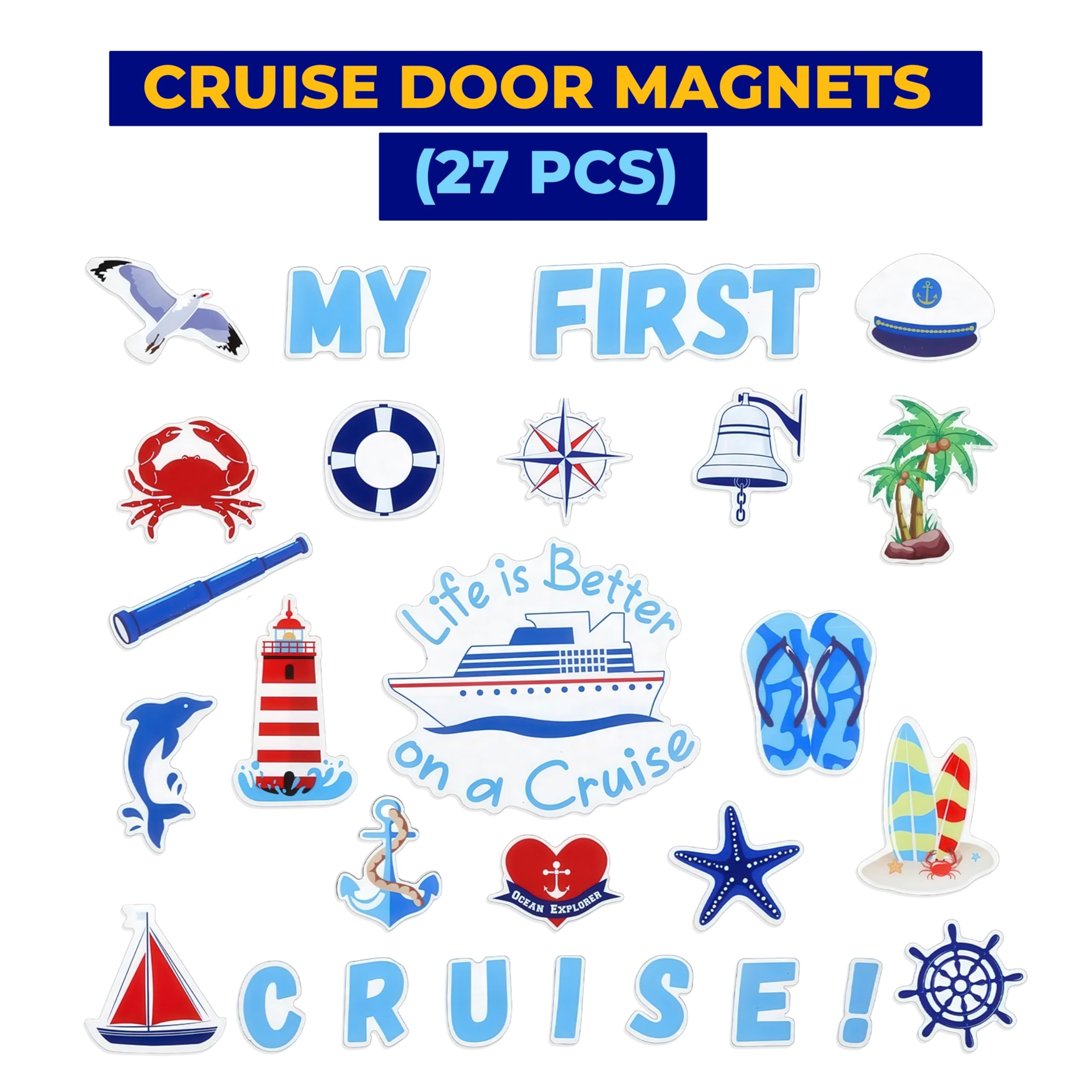 Anchors Up Multicolor Cruise Ship Door Magnets [27 Pack] – Colourful, Cruise Themed Design – Large Magnets – Nautical Magnetic Decorations For Cabin Doors & Fridge – Cruise Essentials