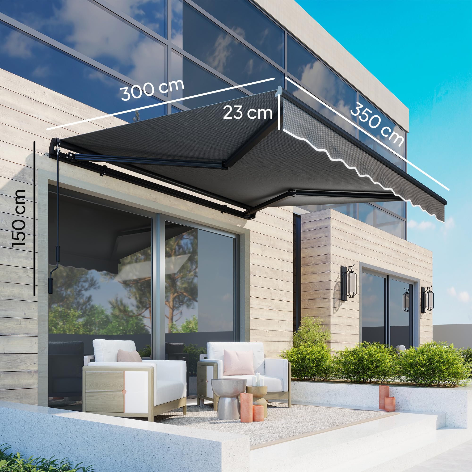 Outsunny Store banne Manuel 3,5x3m, auvent rétractable Inclinaison réglable, manivelle, Aluminium et Polyester 280 g/m² Protection UV résistance à l'eau, pour Patio, Balcon, terrasse, Gris foncé