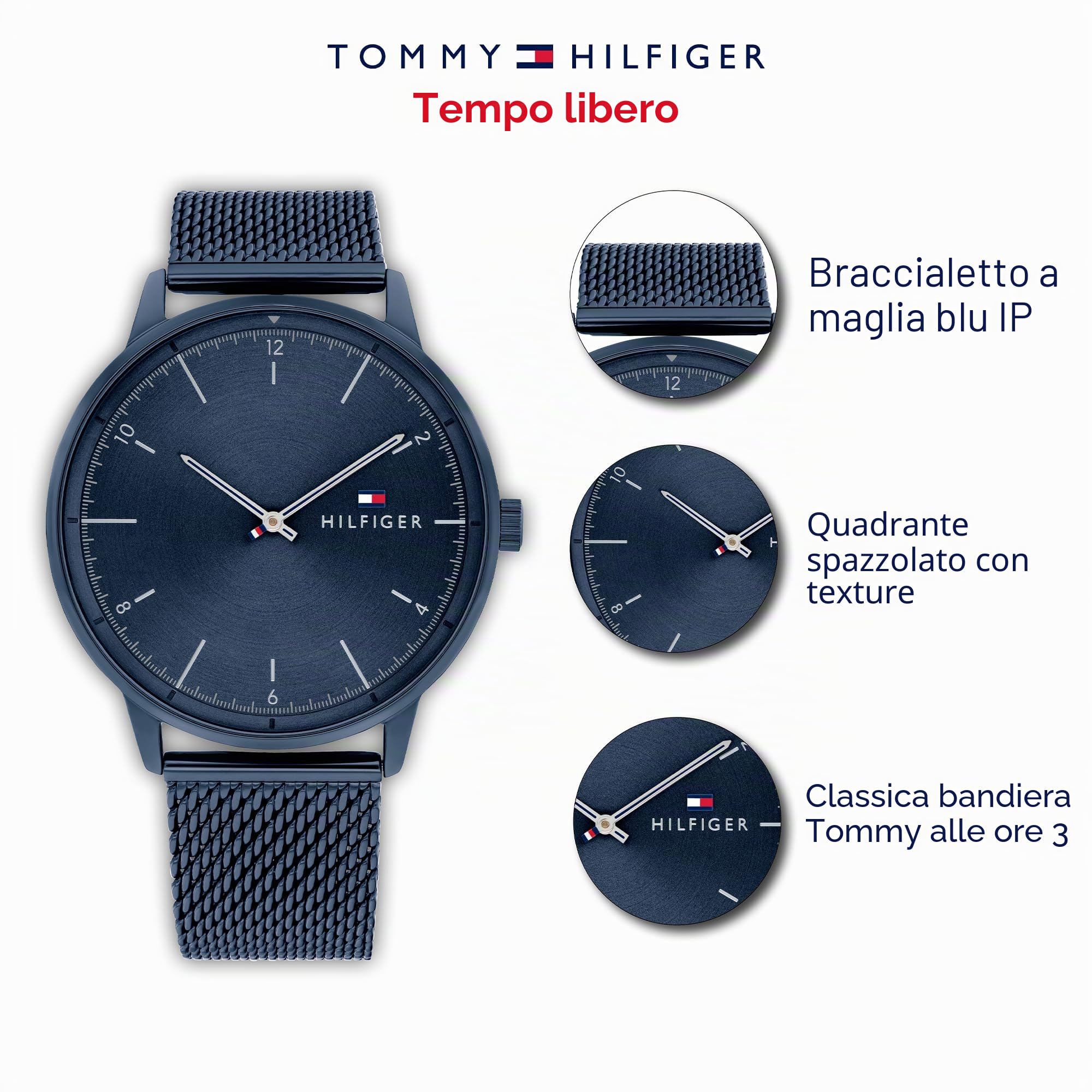Tommy Hilfiger Orologio Analogico al Quarzo da Uomo con Cinturino in Maglia Metallica in Acciaio Inossidabile Blu