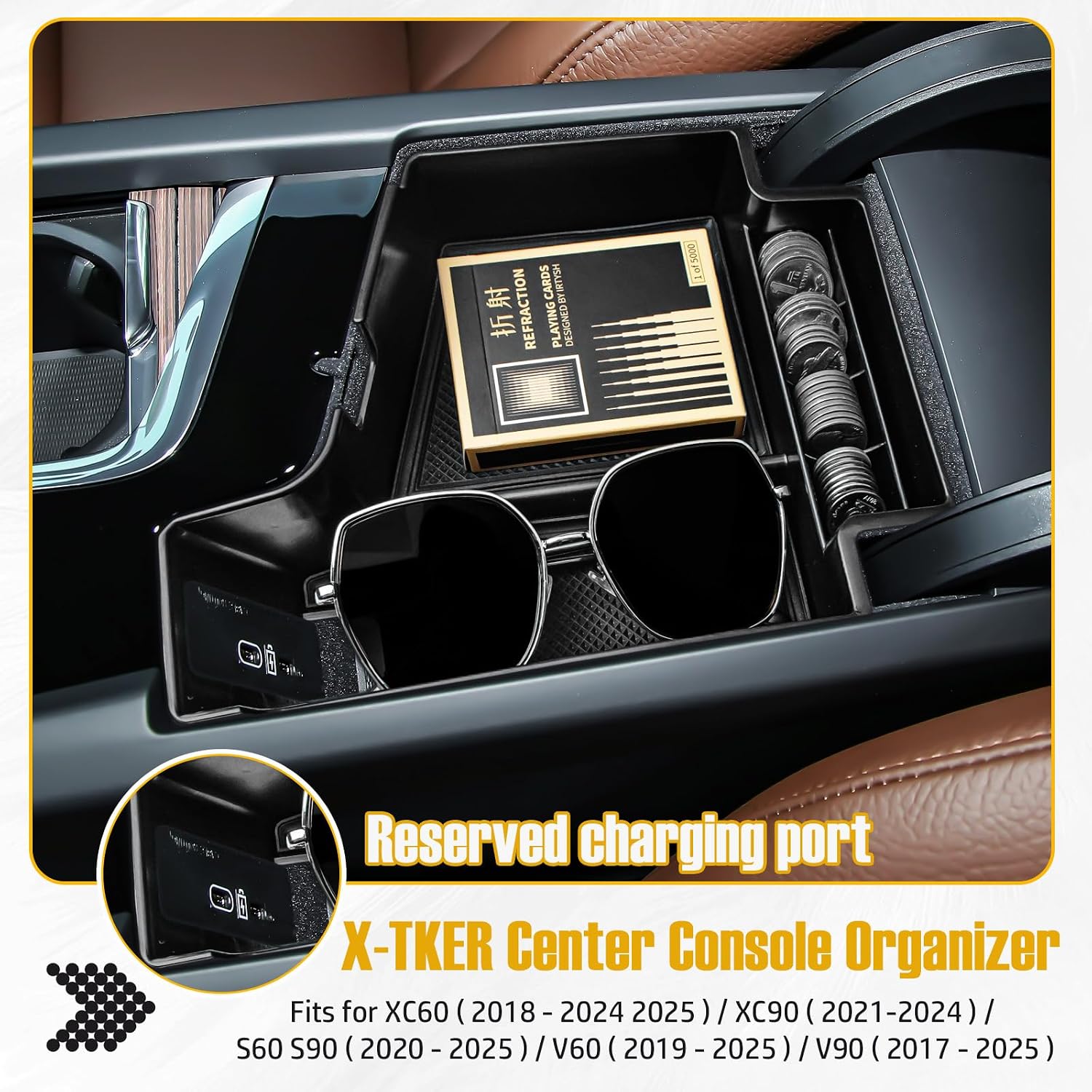 Center Console Organizer Compatible with Volvo XC60 2018-2025/ XC90 2021-2024/ S90 S60 2020-2025/ V60 2019-2025/ V90 2017-2025 Accessories, Armrest Box Insert Tray Storage Box Charging Hole