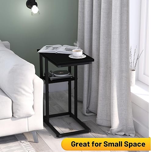 Miniatura 5 de Mesa auxiliar en forma de C, mesa auxiliar resistente de 2 niveles en forma de C para sofá, mesita de noche, espacio pequeño, mesa auxiliar para
