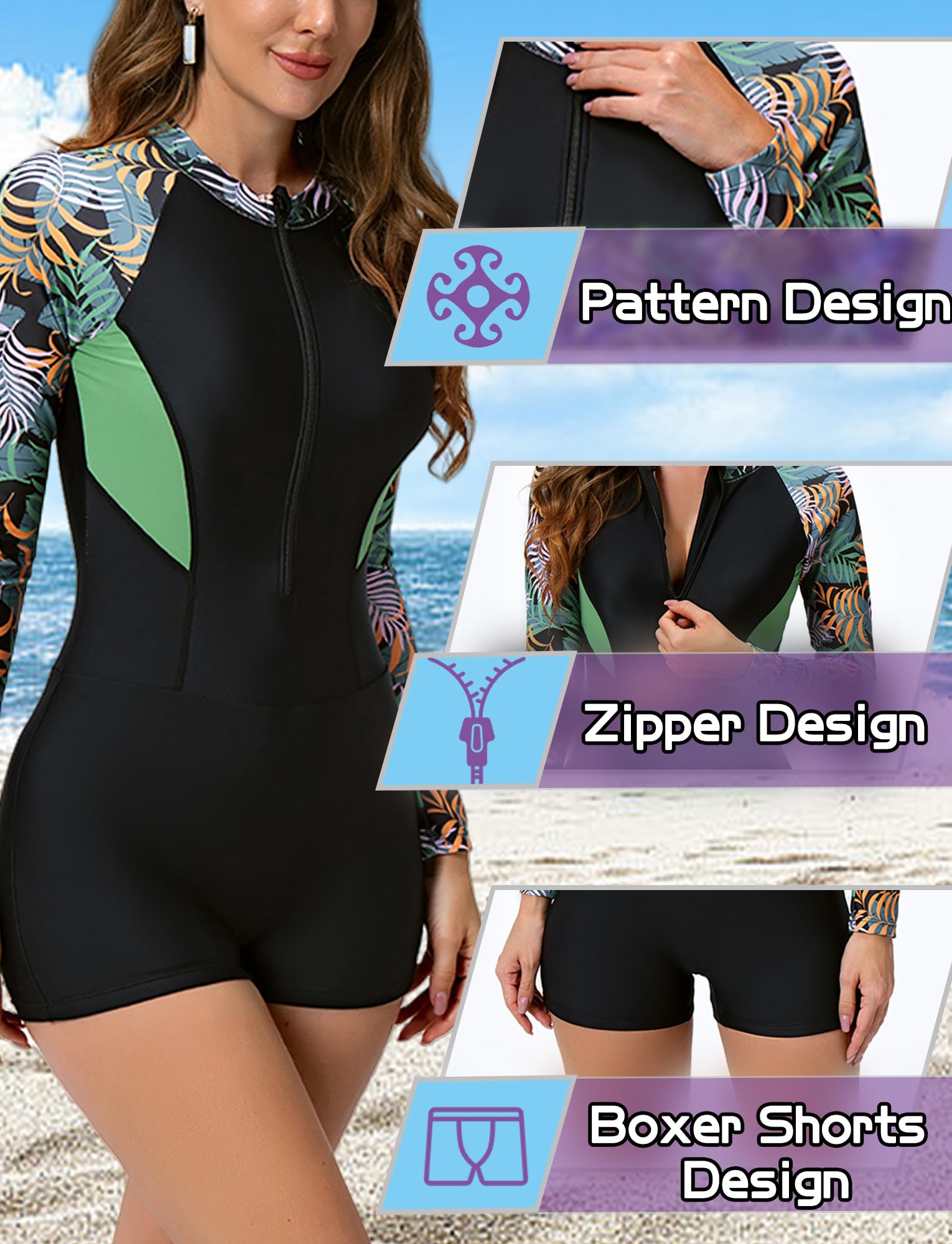 Costume da bagno a maniche lunghe da donna, con tessuto rashguard a un pezzo, da donna, UPF 50+ UV Surf Spiaggia Swimsuit xs-2xl