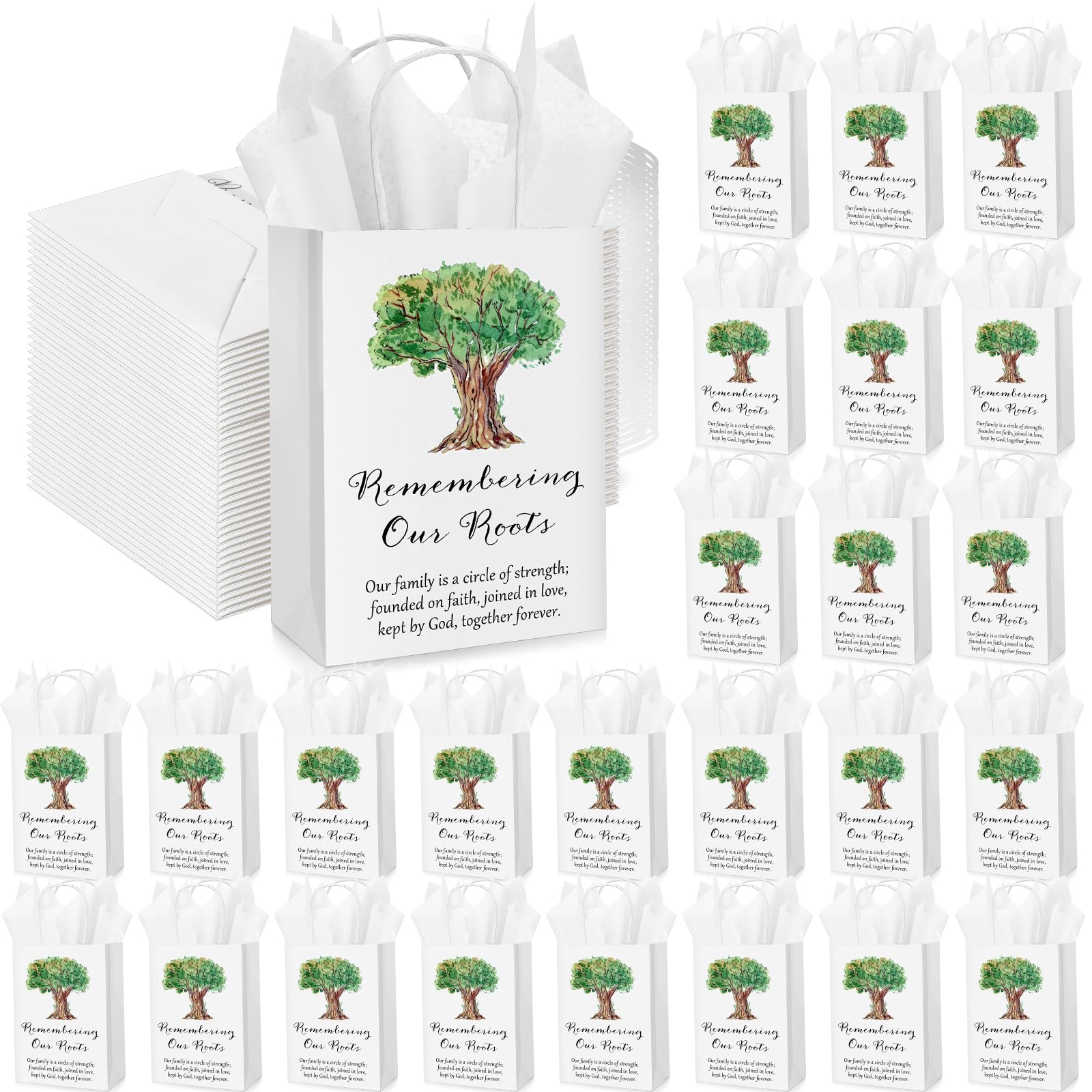 Remuuly 50 Sets Family Reunion Gift Bags Remembering Our Roots Kraft Paper Treat Bag with Handle Tissue Family Tree Party Favors Supplies, 5.9 x 3.15