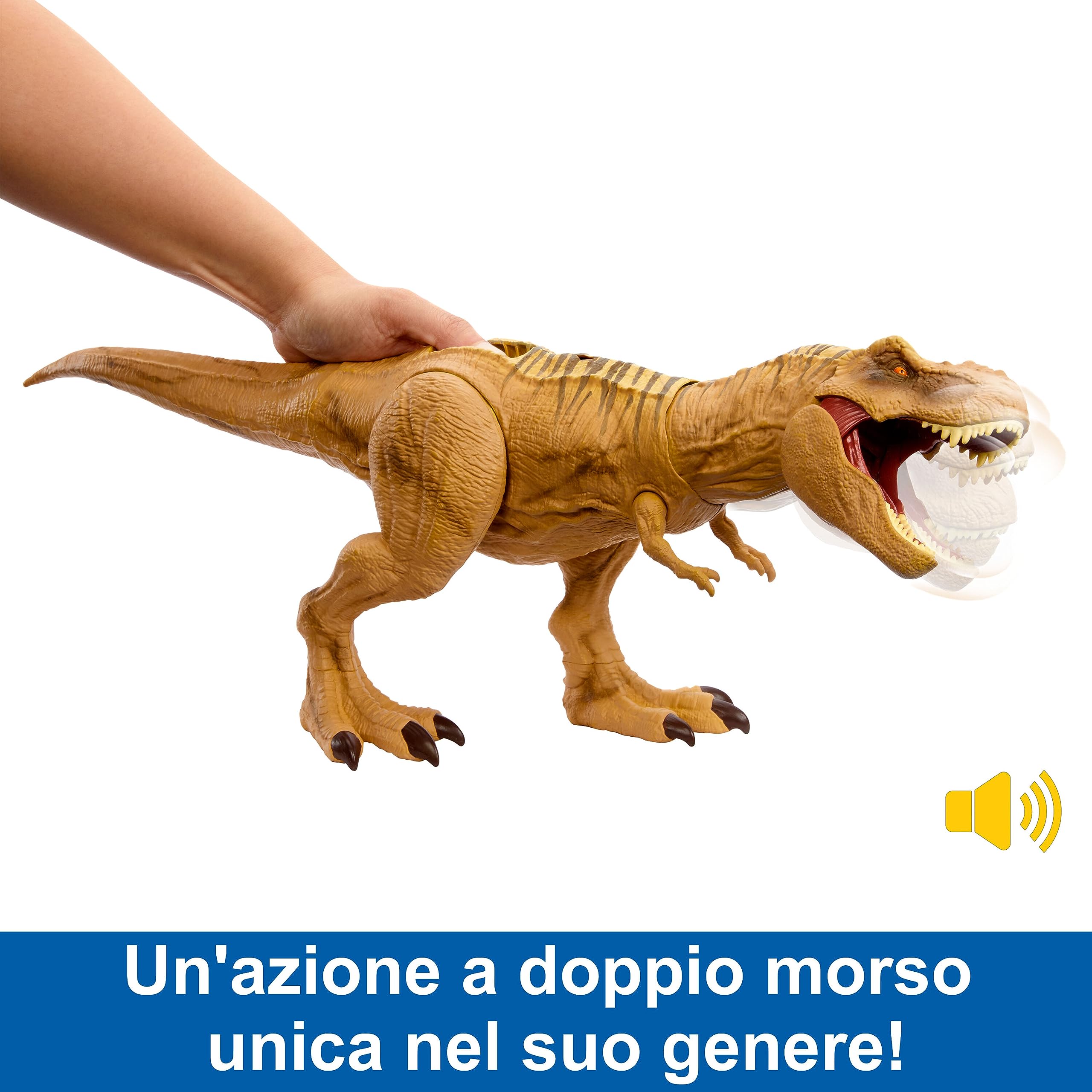 Mattel Jurassic World - T-Rex Caccia e Divora, dinosauro action figure con azione d'attacco doppio morso, suoni e attrezzatura di tracciamento, giocattolo per bambini, 4+ anni, HNT62