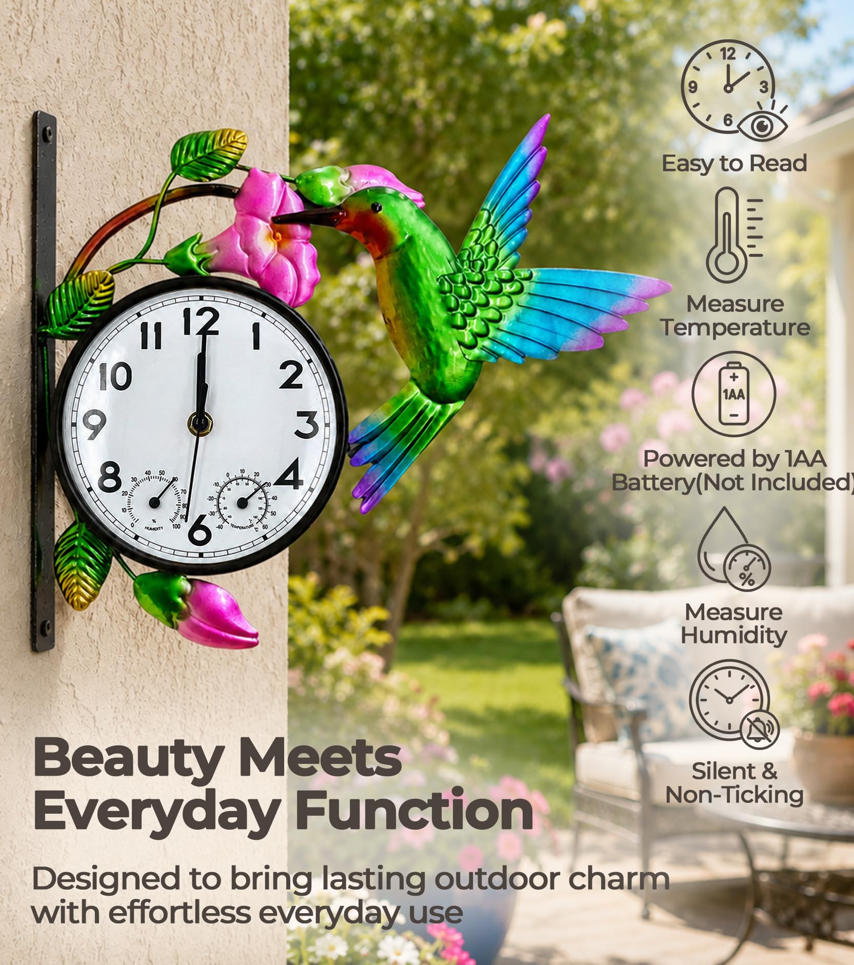 Orologio da esterno con termometro e igrometro Combo | Orologio da parete silenzioso senza ticchettio per patio, impermeabile, decorativo per soggiorno, gloria mattutina e colibrì