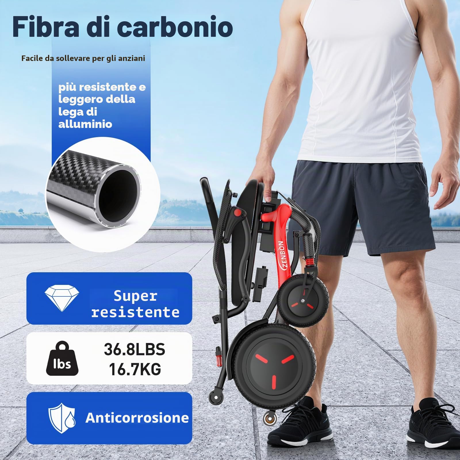 Sedia a rotelle elettrica pieghevole leggera Carbonio 16,7 kg - Sedia a rotelle elettrica pieghevole per tutti i terreni - Sedia a Rotelle Elettrica per anziani fino a 150 kg