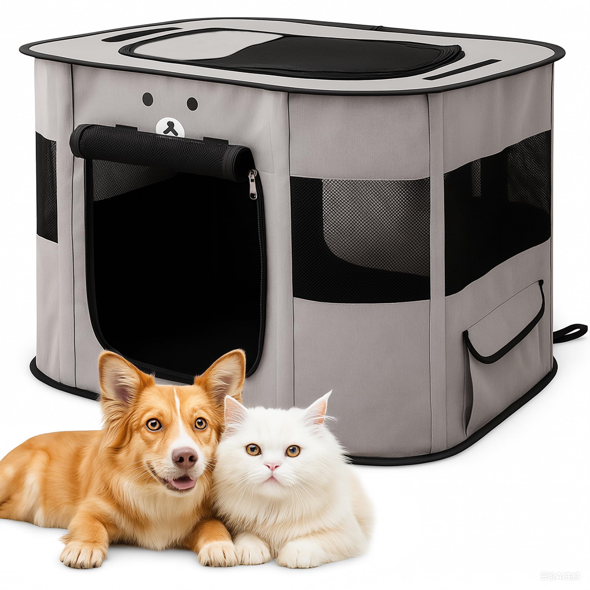 ALLSOPETS Parque para Perros y Gatos Plegable, Jaula para Perros y Gatos, Recinto Portátil con Bolso de Mano para Uso en Interior, Exterior, Viajes y Camping (Gris Ceniza, M)