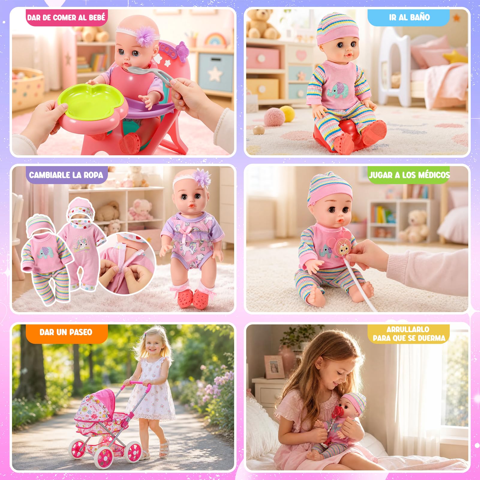 HappyGoLucky Carrito Bebe Juguetes con Muñeca de 28 cm, Ropa y Accesorios para Muñecas Juguetes Niños 2-8 Años Juego de rol Regalo Niña 3-7 Años Cochecito Muñecas Ideal para Cumpleaños y Navidad