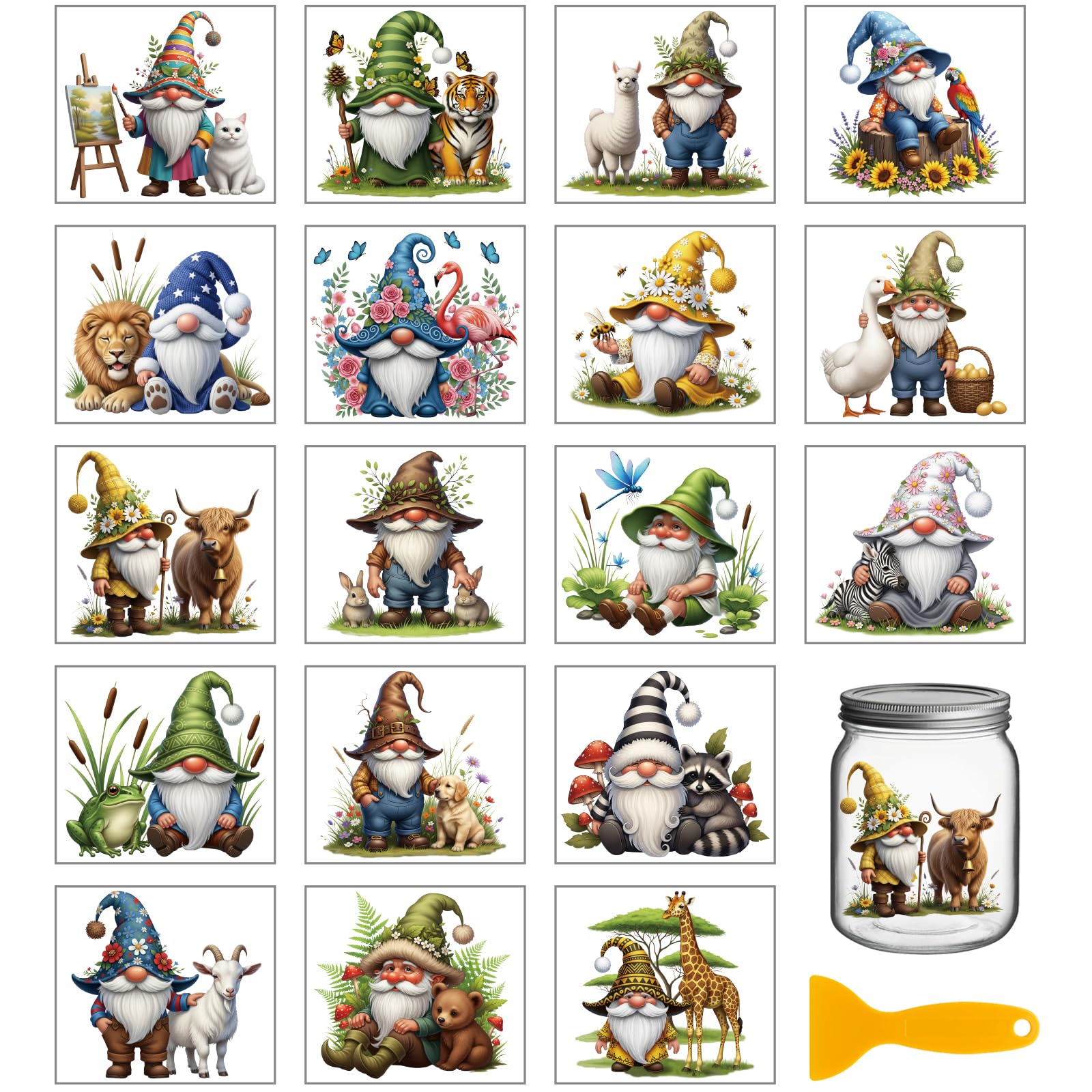 GLOBLELAND 18 Sheets Vintage Gnomes Animals Rub on Transfers Sticker for Crafts 3.9x3.6inch Giraffes Flamingos UV DTF Cup Wraps Decals Stickers Animals Dwarf Transfer Decal for Glass Bottle Decors — image 1