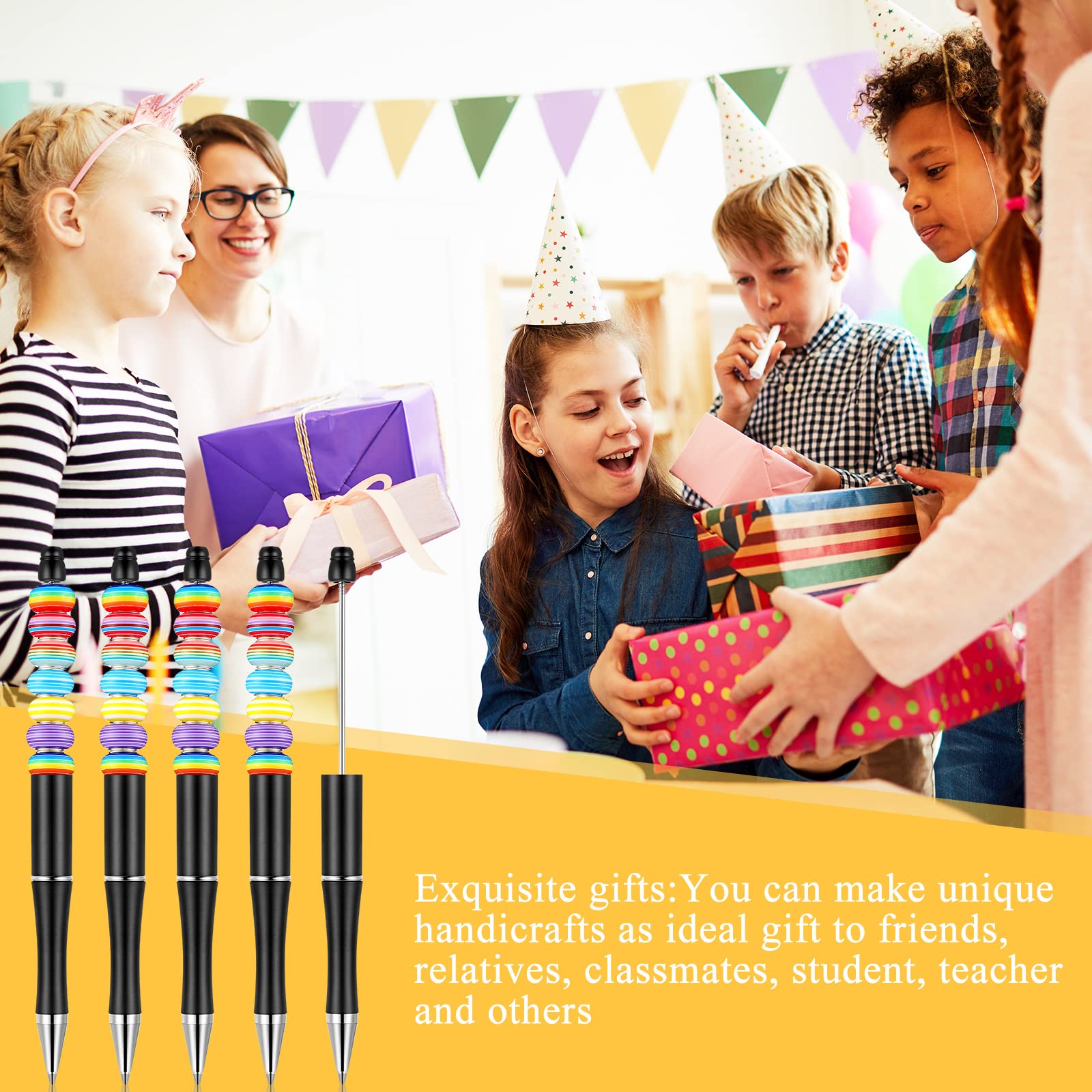 Crtiin 100 Pieces Plastic Beadable Pen Bulk Kit 50 Bead Ballpoint Shaft Black Ink Beaded Pens with 50 — view 5