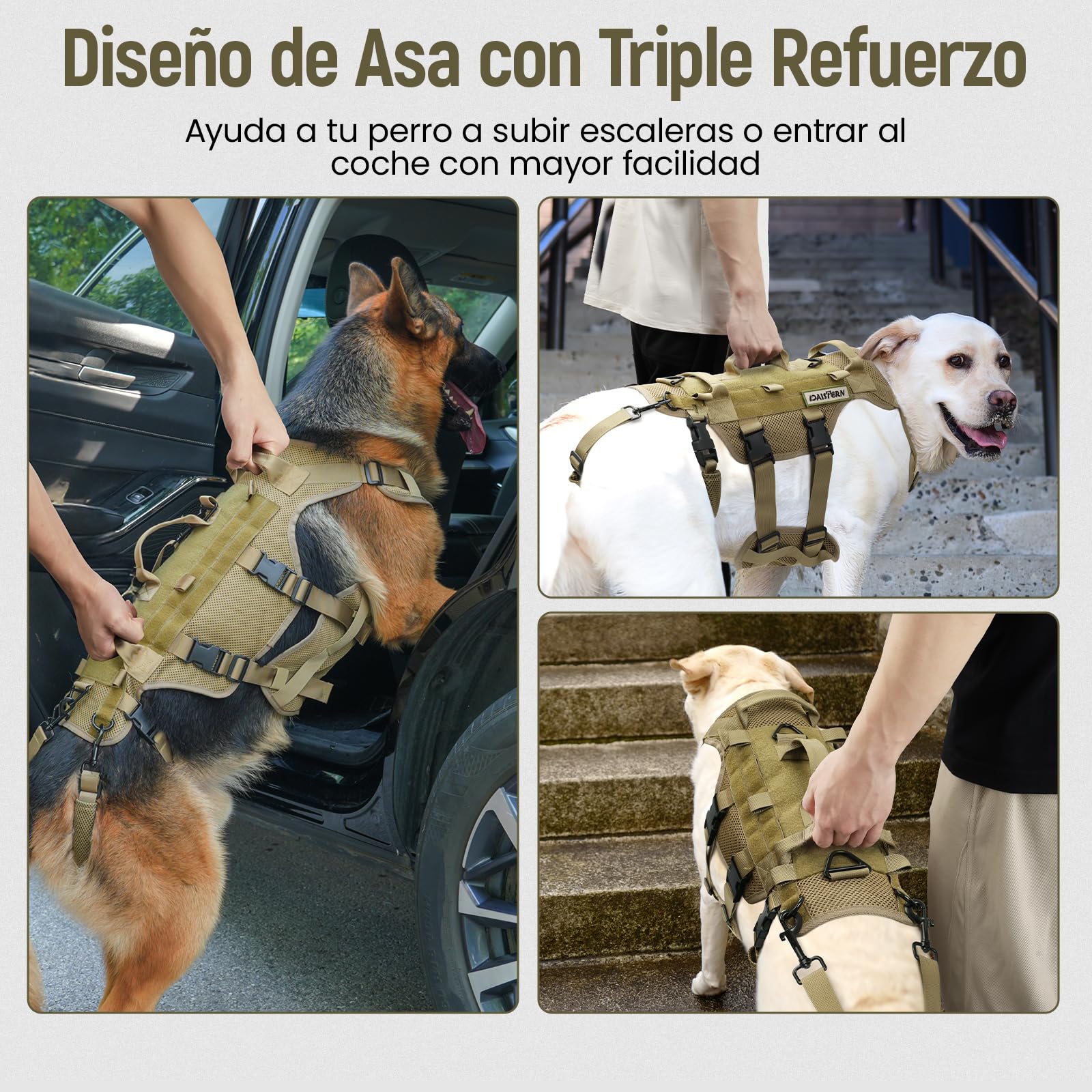 Arnés Perro Mediano y Grande Tamaño L, Chaleco Táctico para Perros con 1000D Nylon Malla de Sándwich Transpirable, 3 Asas y Correas de Hombro Ajustables Desmontables y Correas Traseras