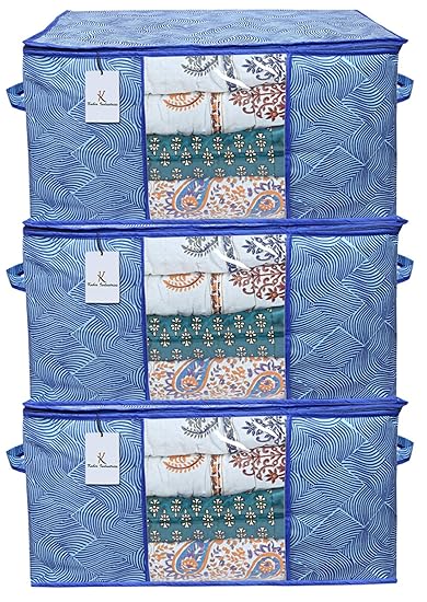 Kuber Industries Leheriya Design Underbed Storage Bag, Storage Organiser, Blanket Cover Set of 3 (Royal Blue)