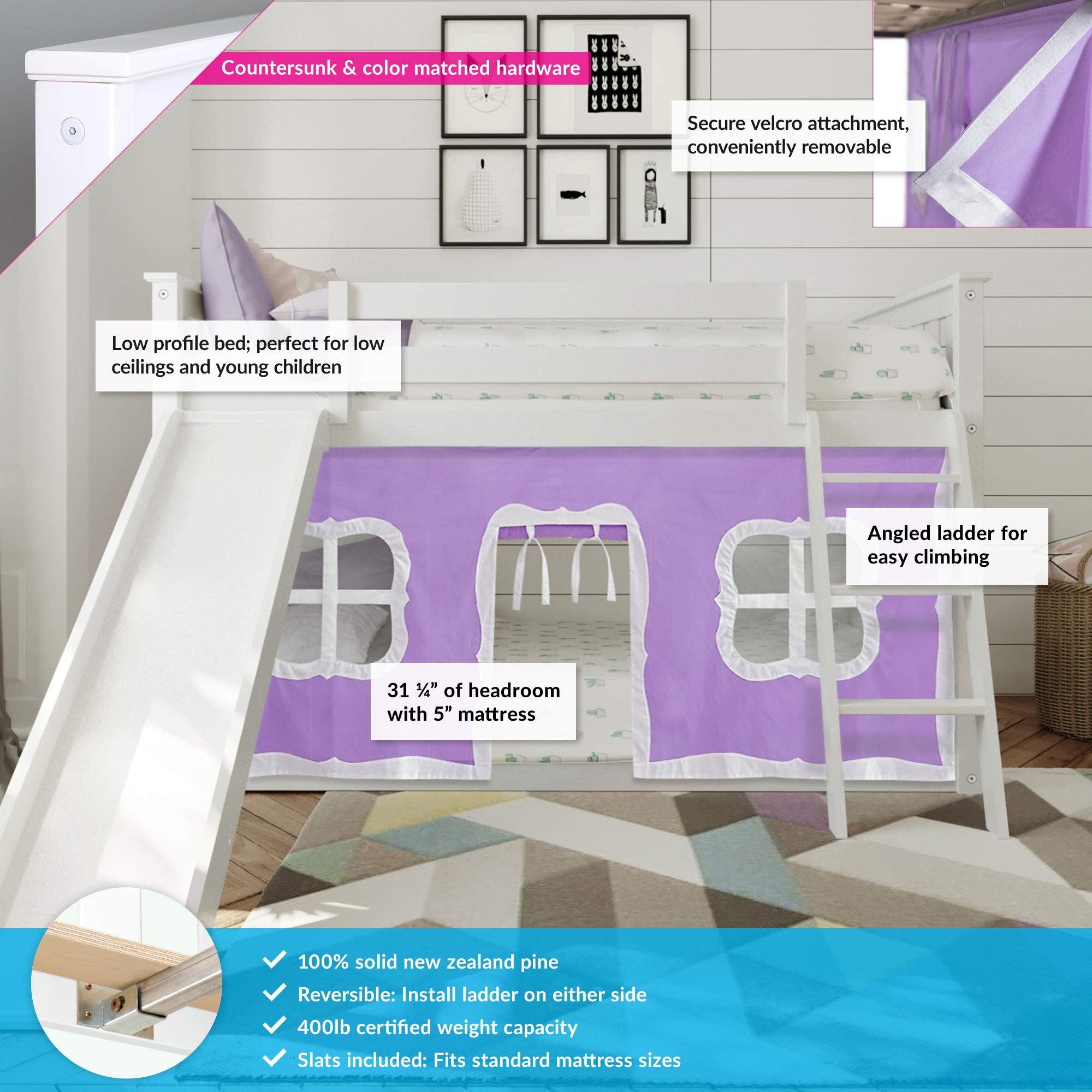 Max & Lily Low Bunk Bed with Slide and Purple Curtains, Twin, White