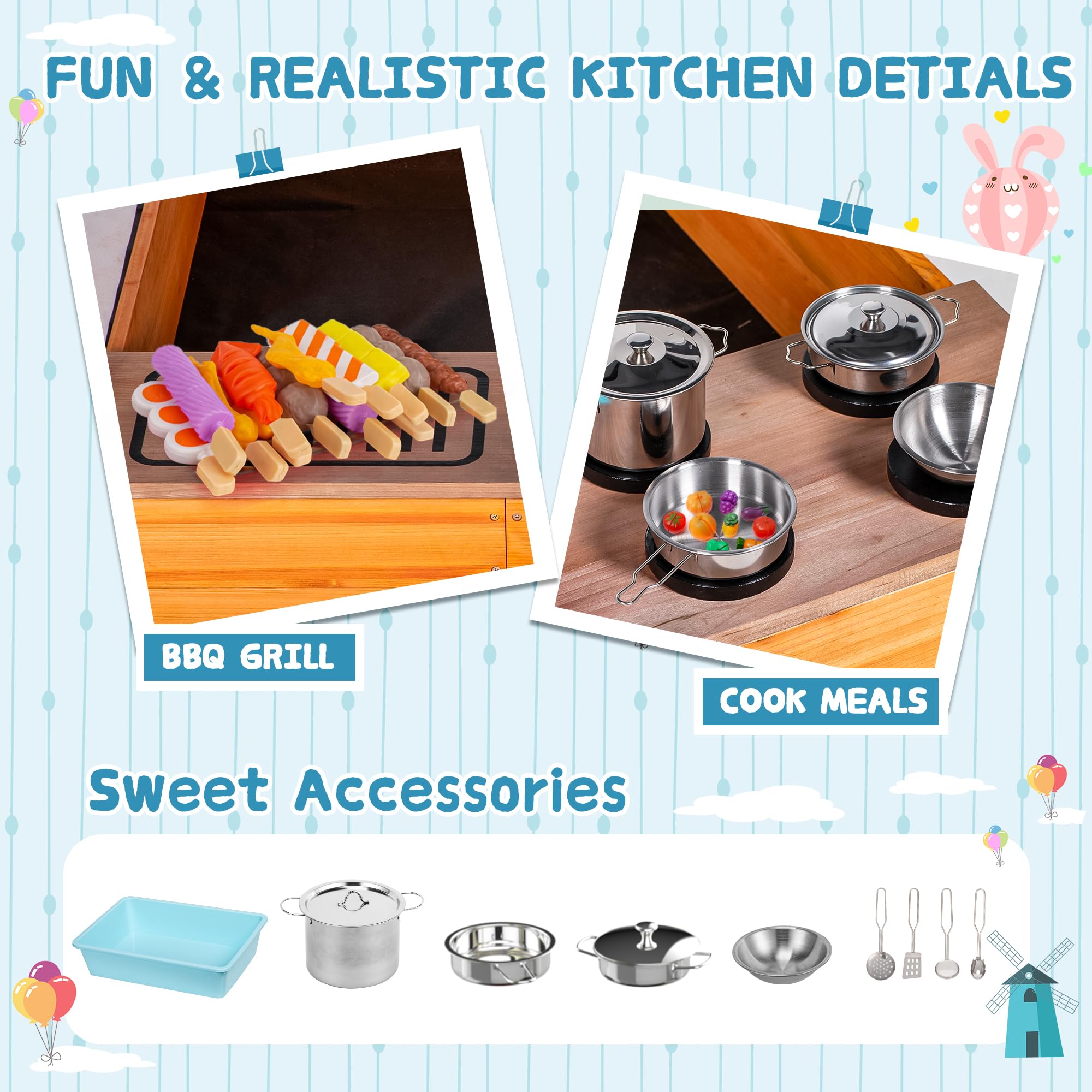 OHKIDS Sandbox with Cover, 2 in 1 Sandpit & Kitchen Playset, Outdoor Sand Box with Bottom Liner, PP Cover, Grill, Cooking Accessories, Toddlers Sandboxes for Backyard, Beach, Garden, Gift for Kids