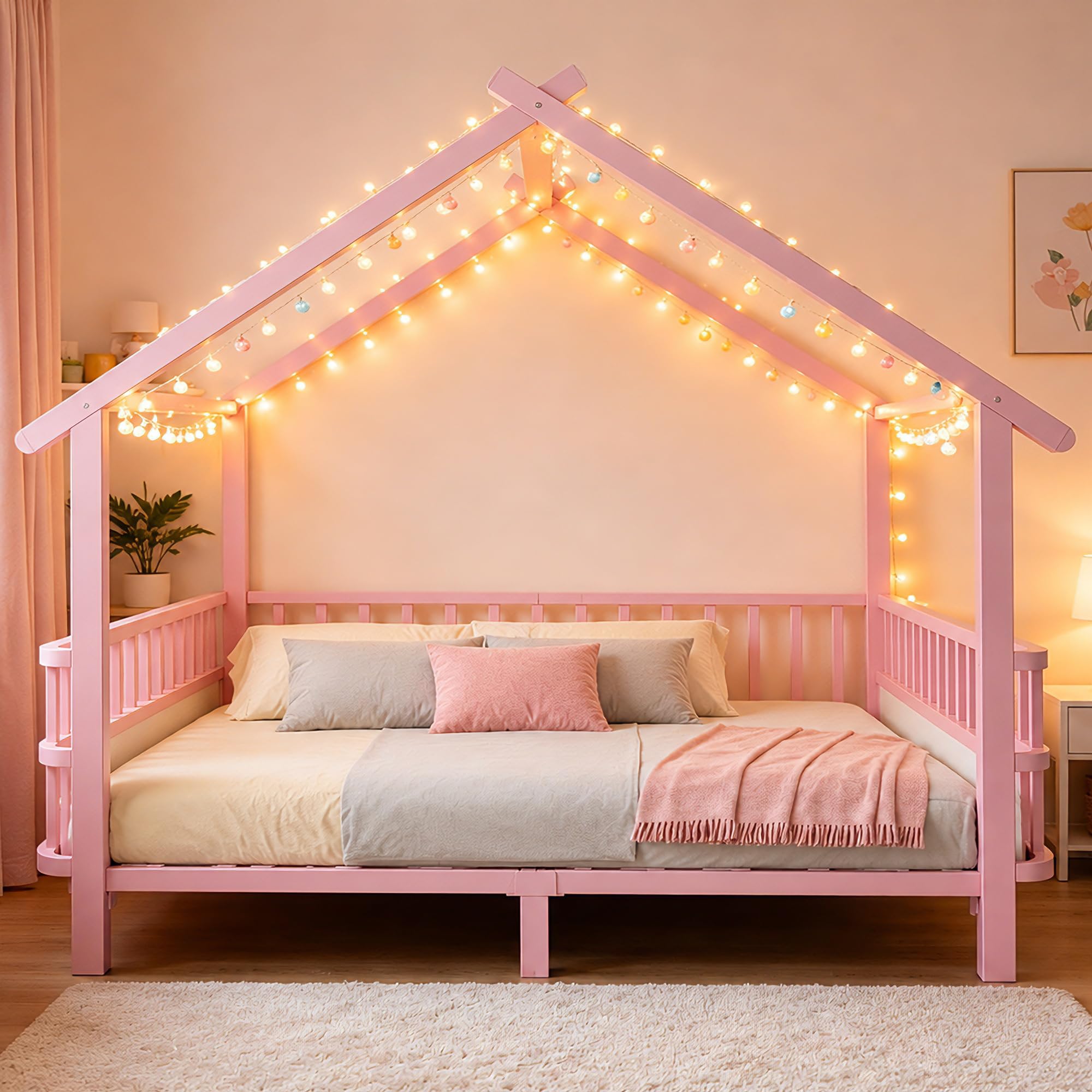 Merax Kinderbett aus Metall in Hausform 140x200 cm mit Sicherheitsgitter & Dachdesign – Rosa (Ohne Matratze)