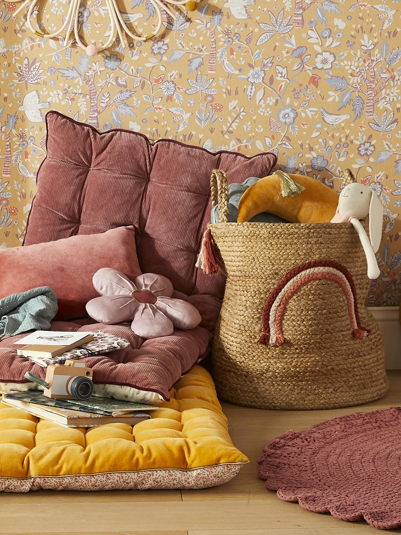 VERTBAUDET Panier de rangement Arc-en-ciel en jute avec pompons beige TU