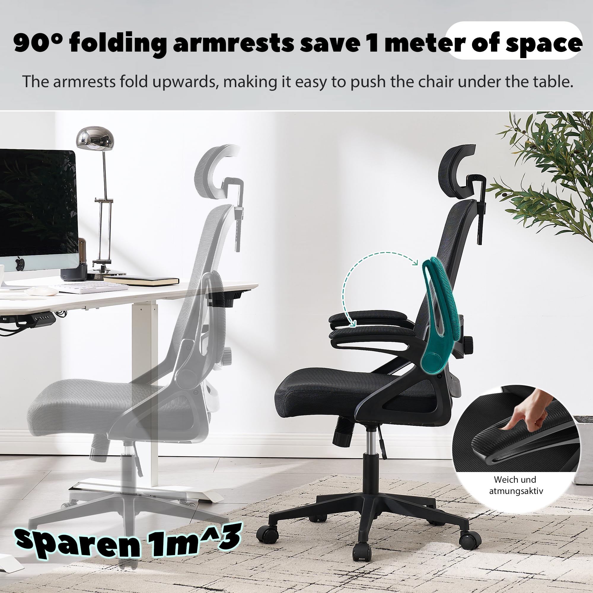 Fizzin Schwarz Ergonomischer Bürostuhl Gaming Stuhl 180kg | Atmungsaktiver Mesh Schreibtischstuhl mit Verstellbarer Lendenstütze & Kopfstütze für Büro & Home Office