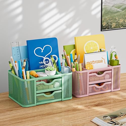 Miniatura 3 de Marbrasse Organizador de escritorio de malla, organizador de bolígrafos con 2 cajones, soporte multifuncional para lápices, organizadores de