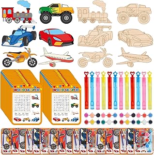 24 Sets Race Car Party Favors Monster Truck Transportation Airplane DIY Wood Painting Craft Kit with Bubble Wand & Word Search Cards for Birthday Party Activity Goodie Bag Gift Prize